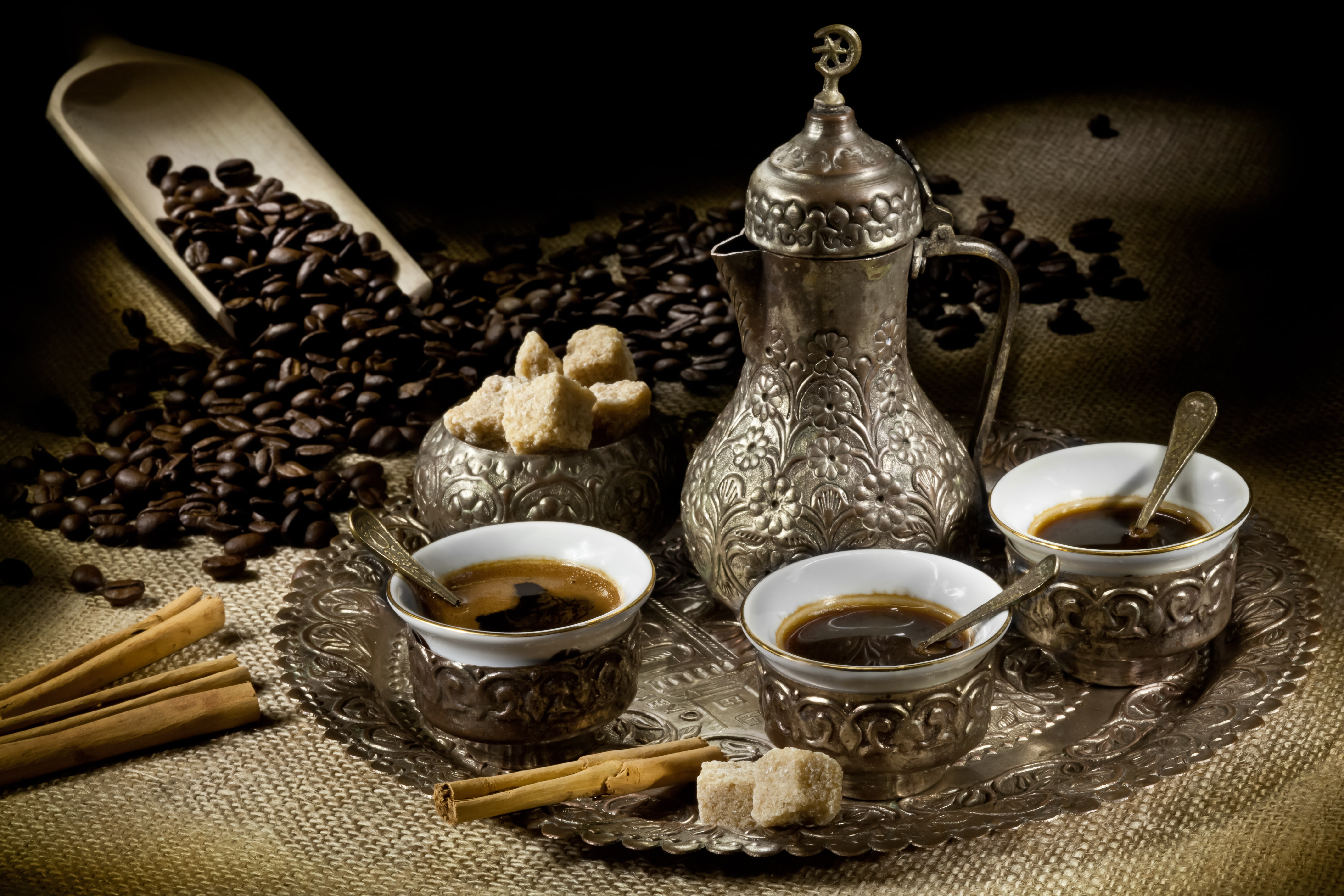 coffee, cinnamon, tray, teapot, the spatula, grain, sugar, Cup, 5K, HD Wallpaper