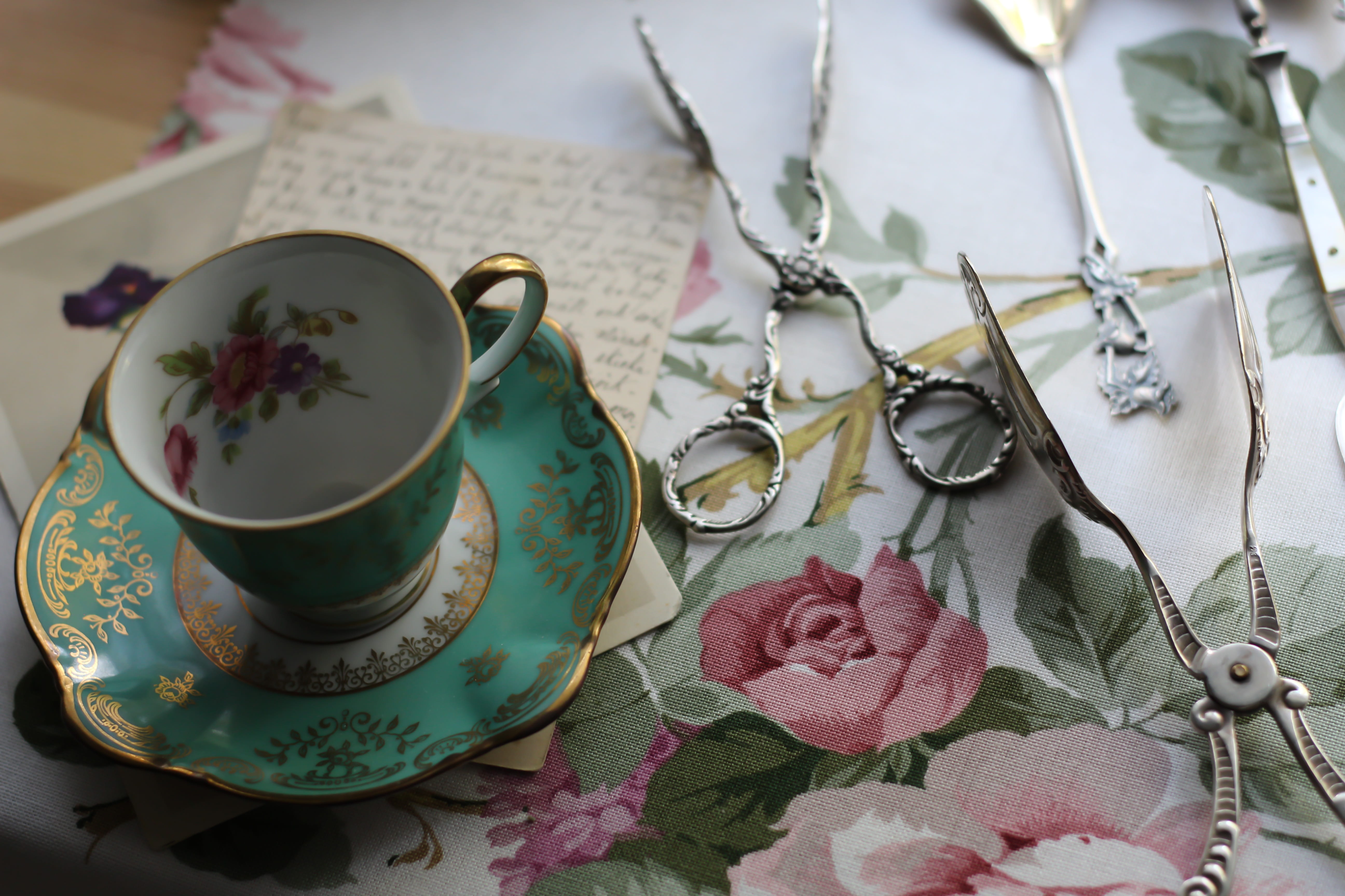food and drink, flowers, saucer, scissors, tea cup, cultures, plant, Silver, teapot, close-up, indoors, nature, high angle view, floral pattern, crockery, HD Wallpaper