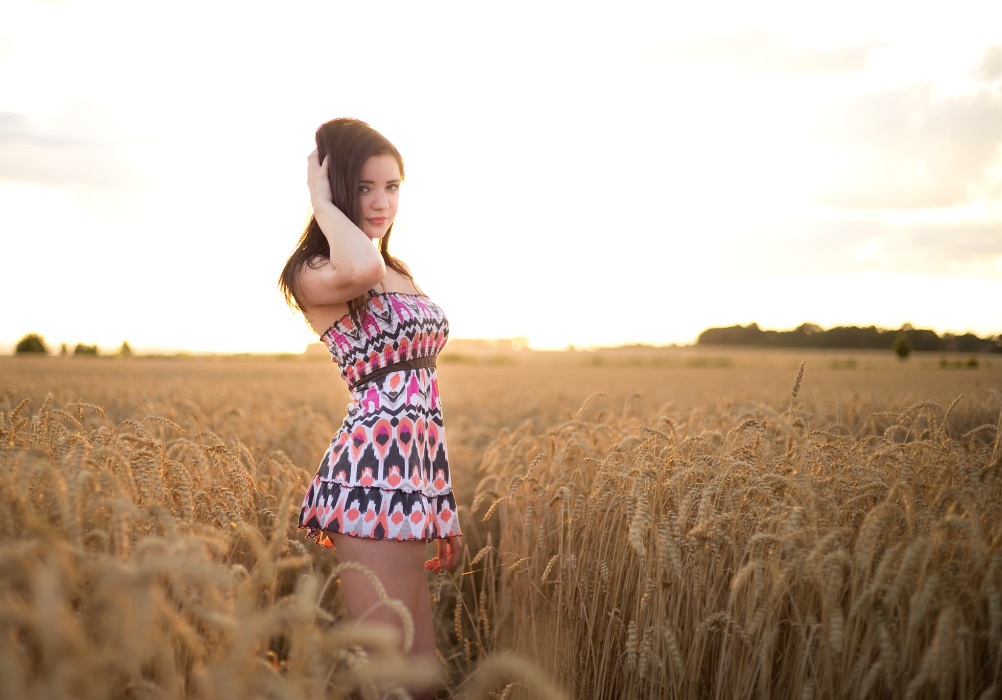 field, hands, women, wheat, hair, hands in hair, outdoors, model, 1080P, dress, HD Wallpaper