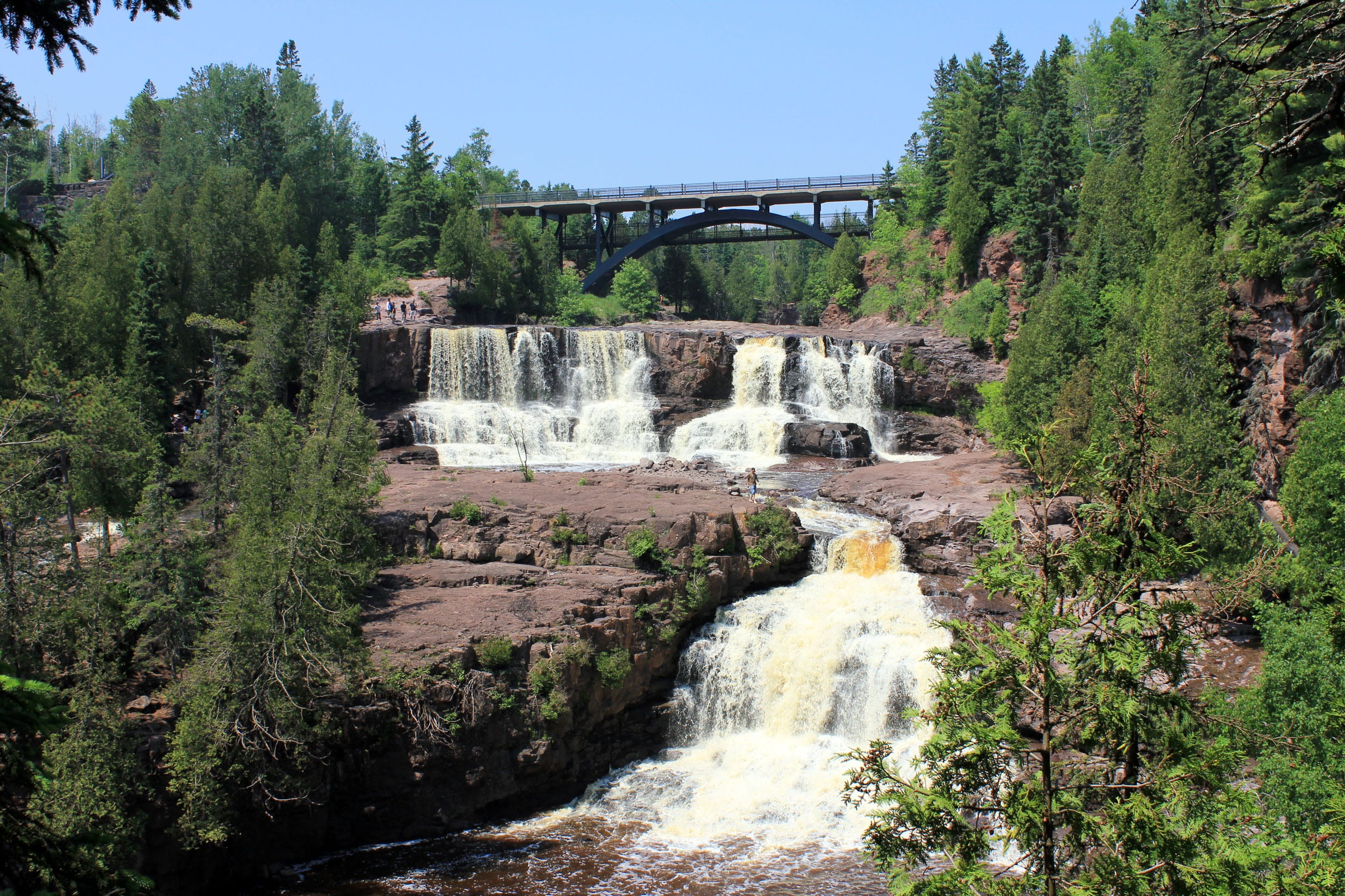 gooseberry falls, built structure, falls, long exposure, flowing water, river, usa, no people, flowing, beauty in nature, 1080P, tree, minnesota, arch bridge, HD Wallpaper