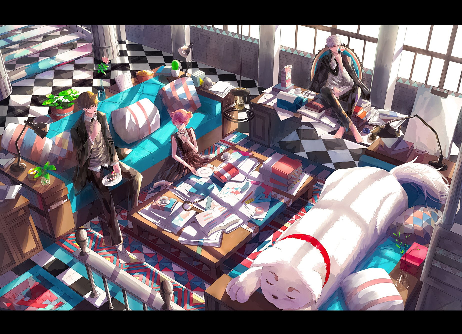 book, animal, gintama, gintoki, kagura, food, shinpachi, dress, twintails, barefoot, brown, drink, shimura, group, 720P, sadaharu, dog, short, sakata, HD Wallpaper