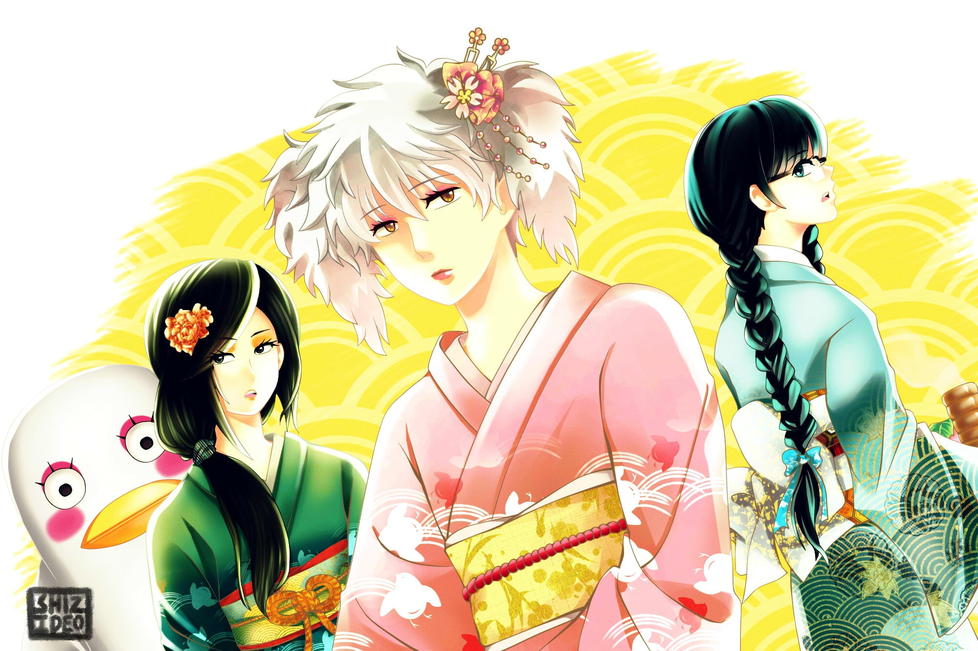Gintama, Katsura Kotarou, Гинтоки You Want, glasses, hairstyles, parody, braids, Elizabeth, Shimura Shinpachi, 1080P, kimono, geisha, dressing up, Sakata, HD Wallpaper