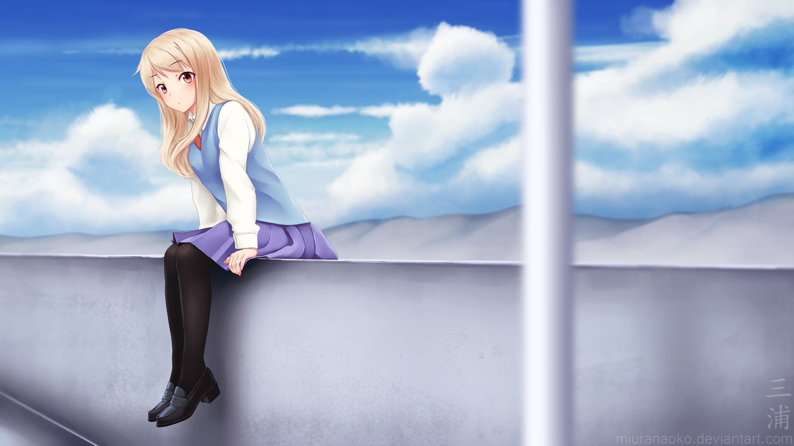 long hair, 2K, heels, sky, Sakurasou no Pet na Kanojo, anime girls, Shiina Mashiro, red eyes, anime, clouds, blonde, HD Wallpaper