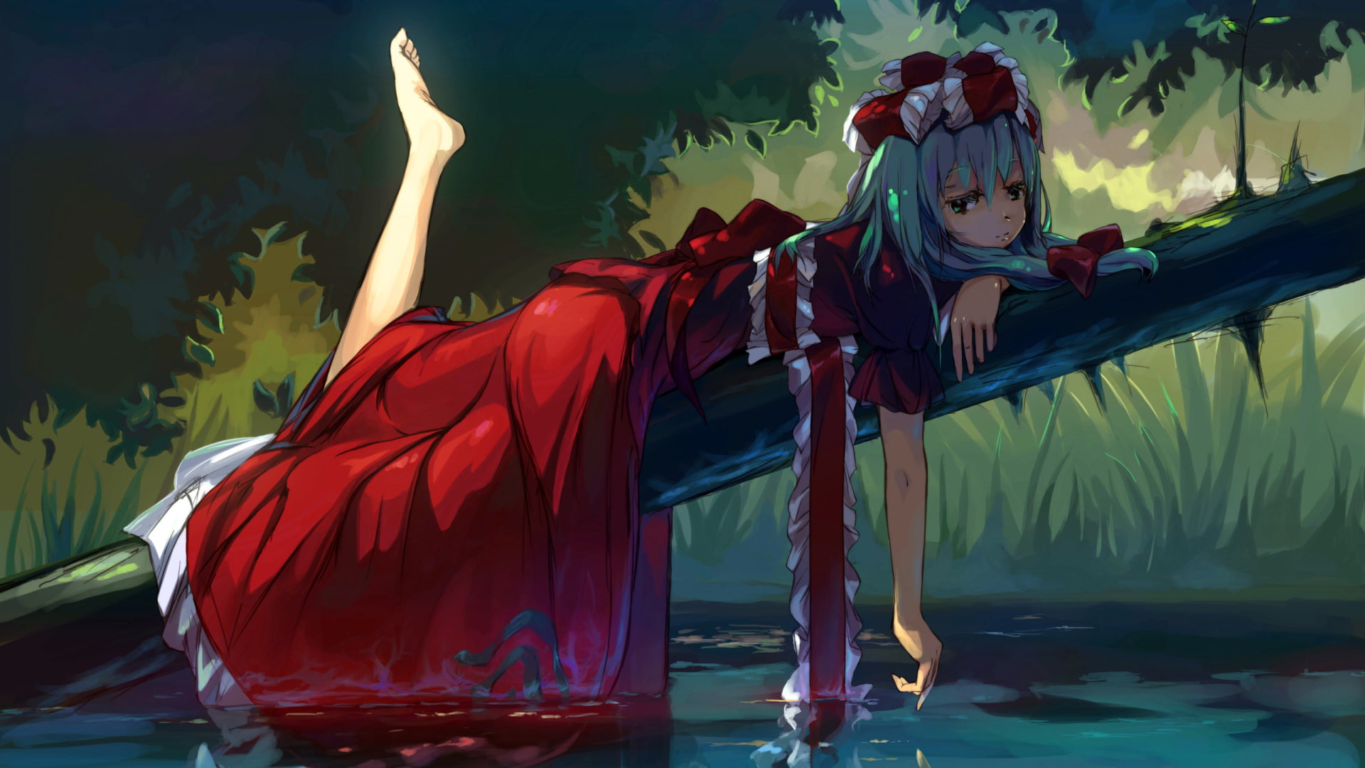 1080P, clothing, leisure activity, full length, anime, outdoors, nature, lake, reflection, red, one person, motion, Kagiyama Hina, nautical vessel, real people, HD Wallpaper