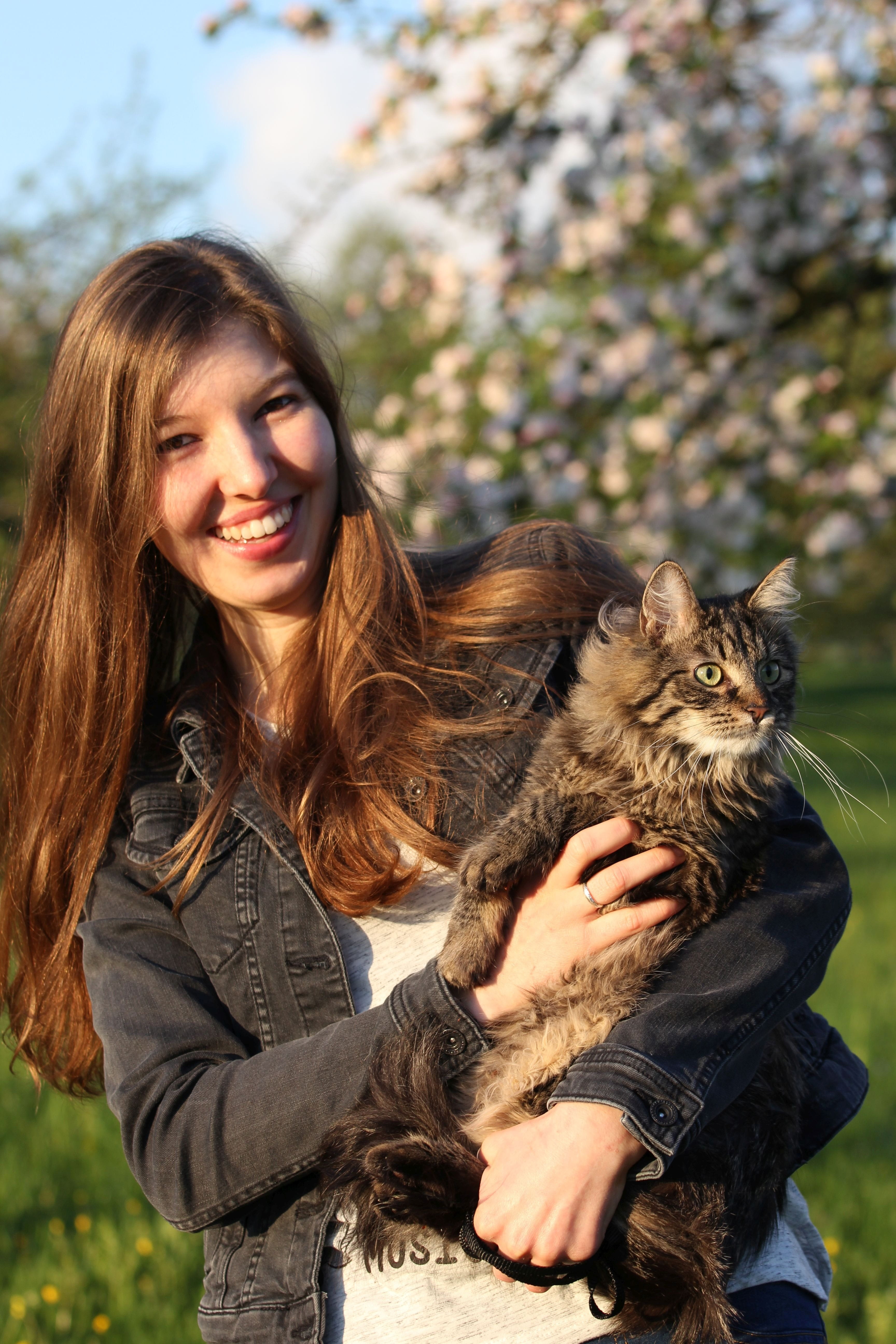 face, real people, lifestyles, one animal, 5K, beautiful woman, domestic cat, pets, domestic animals, outdoors, spring, pet owner, young women, hair, happy, Phone HD Wallpaper