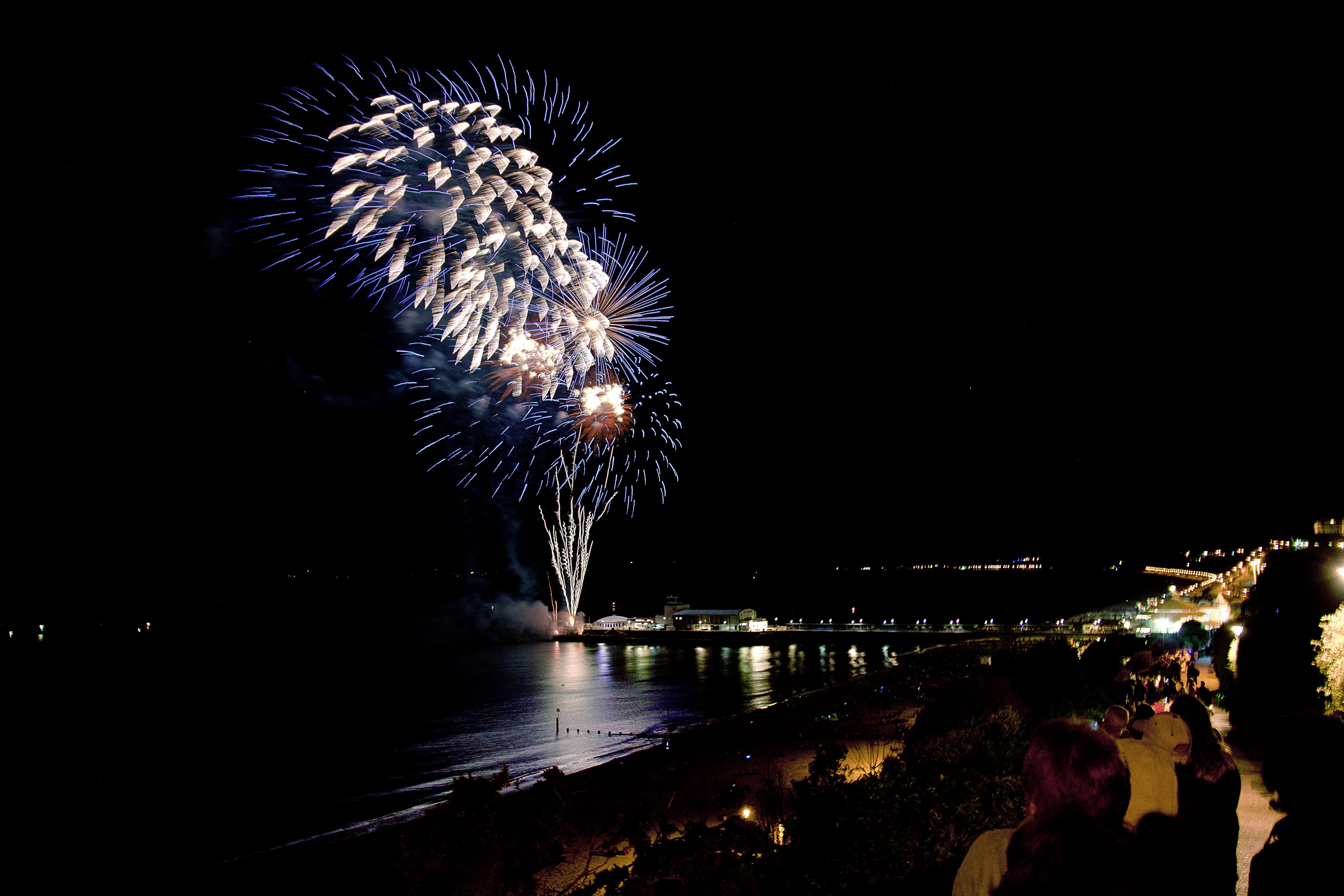 building exterior, built structure, reflection, no people, city, long exposure, firework display, pier, event, arts culture and entertainment, bournemouth, HD Wallpaper