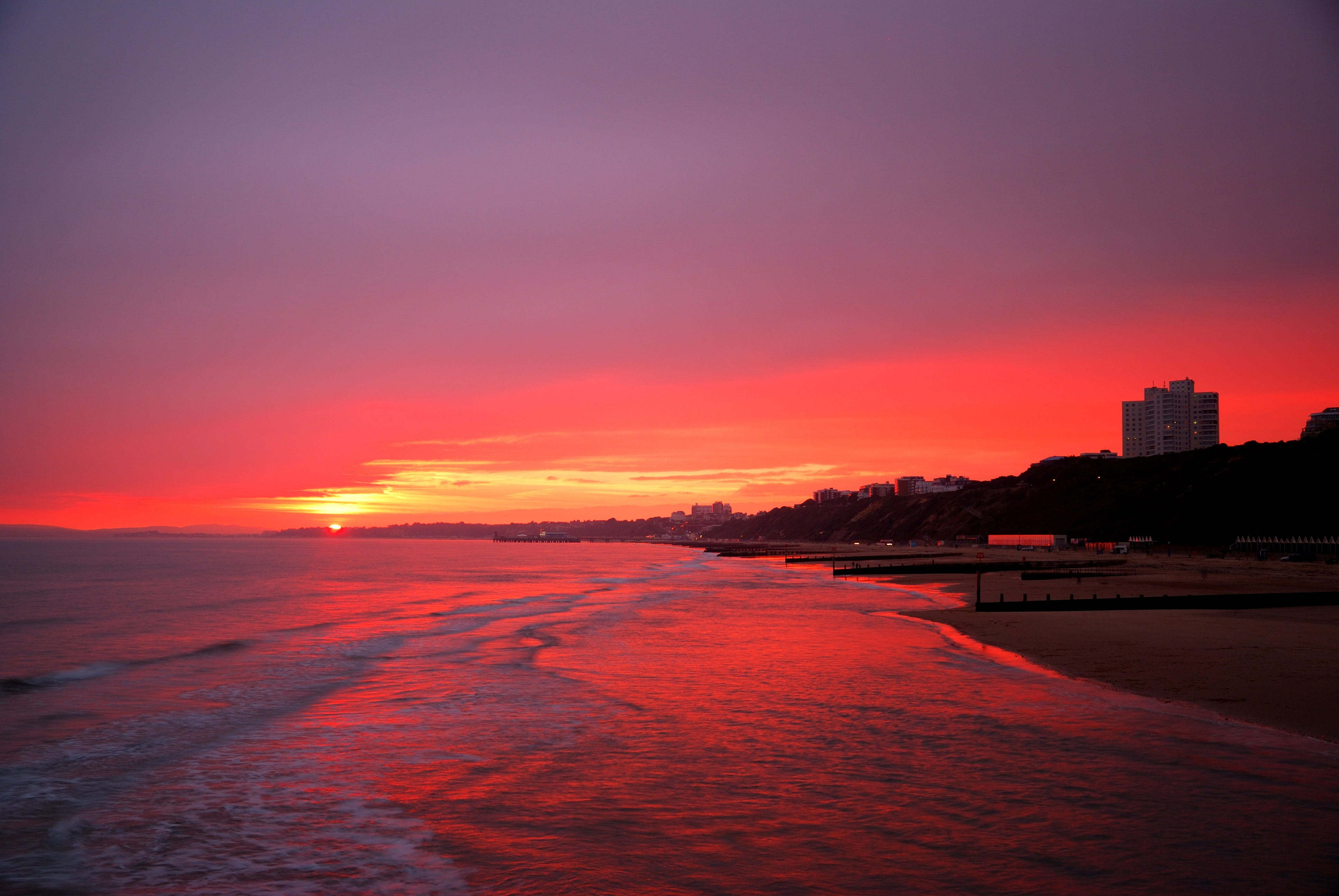 romantic sky, nature, built structure, purple, sea, no people, city, building, skyscraper, orange color, beauty in nature, scenics - nature, sunset, travel destinations, HD Wallpaper
