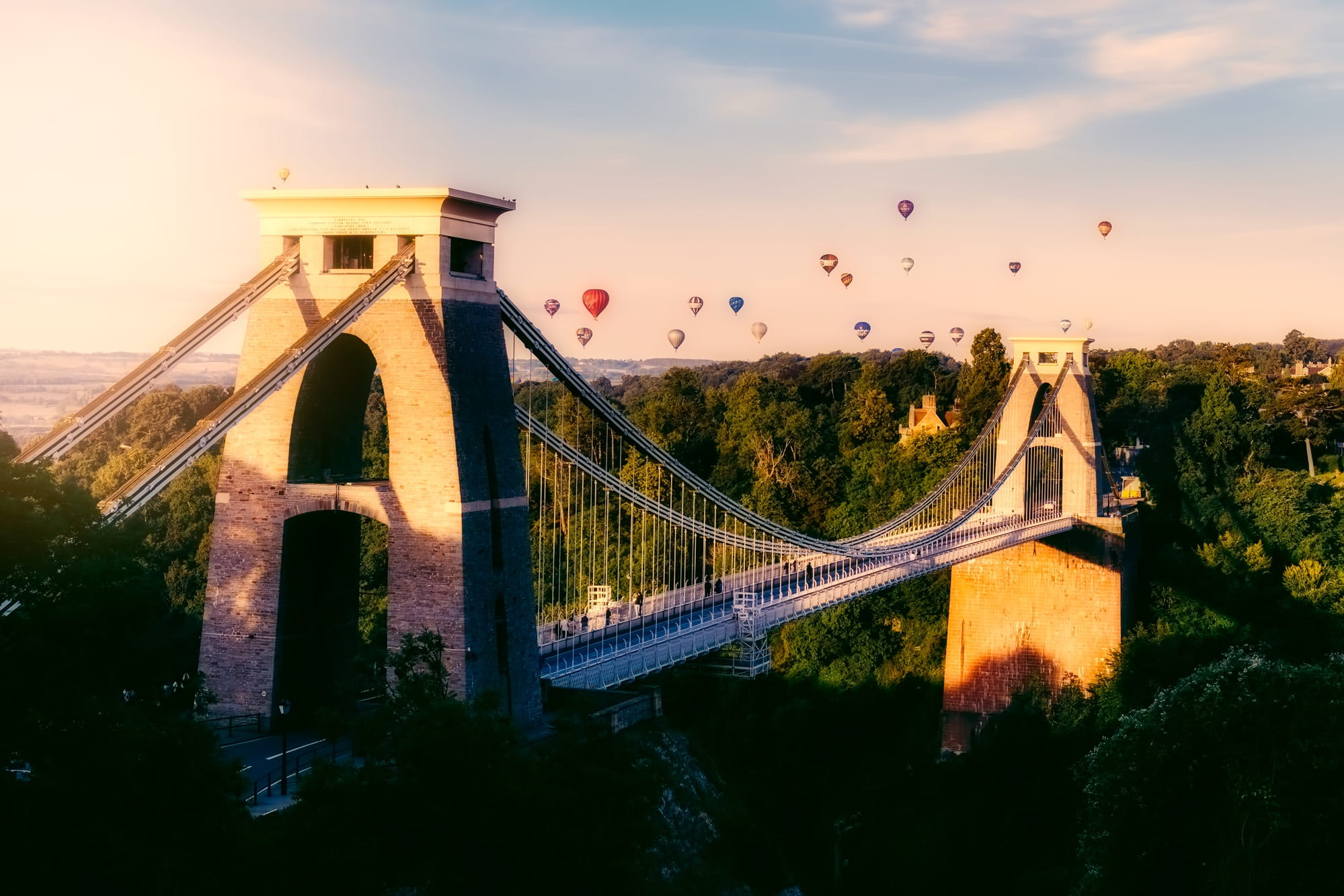 connection, clouds, tree, sky, forest, bristol, the past, city, great britain, morning, cloud - sky, bridge - man made structure, nature, plant, balloons, HD Wallpaper