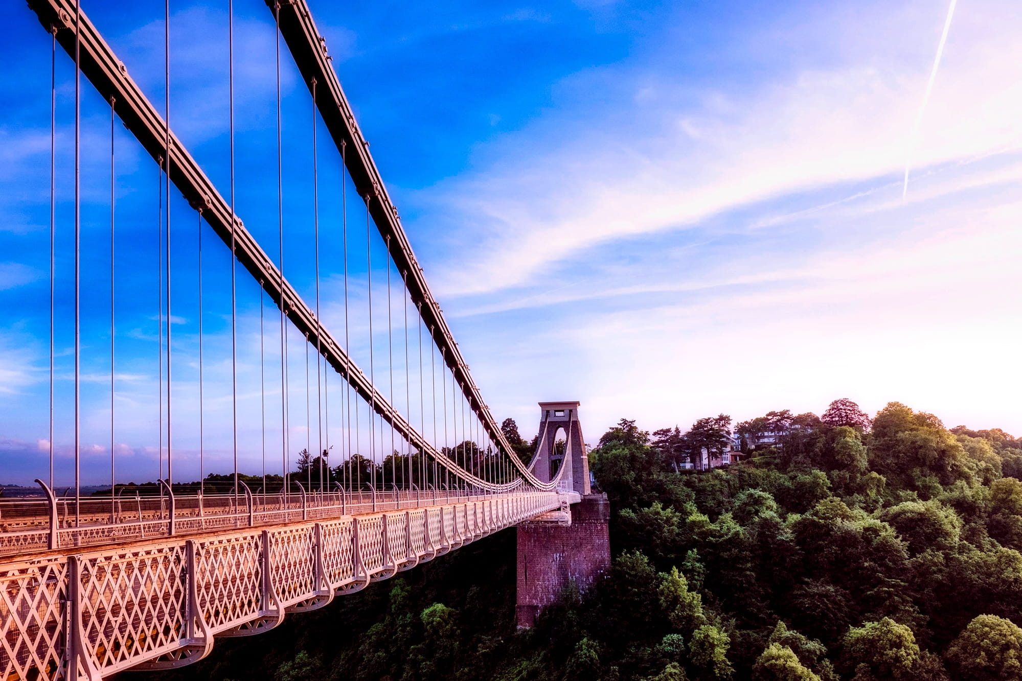 england, blue sky, historic, landmark, nature, 1080P, cloud - sky, forest, travel destinations, connection, city, bristol, suspension Bridge, clouds, engineering, HD Wallpaper