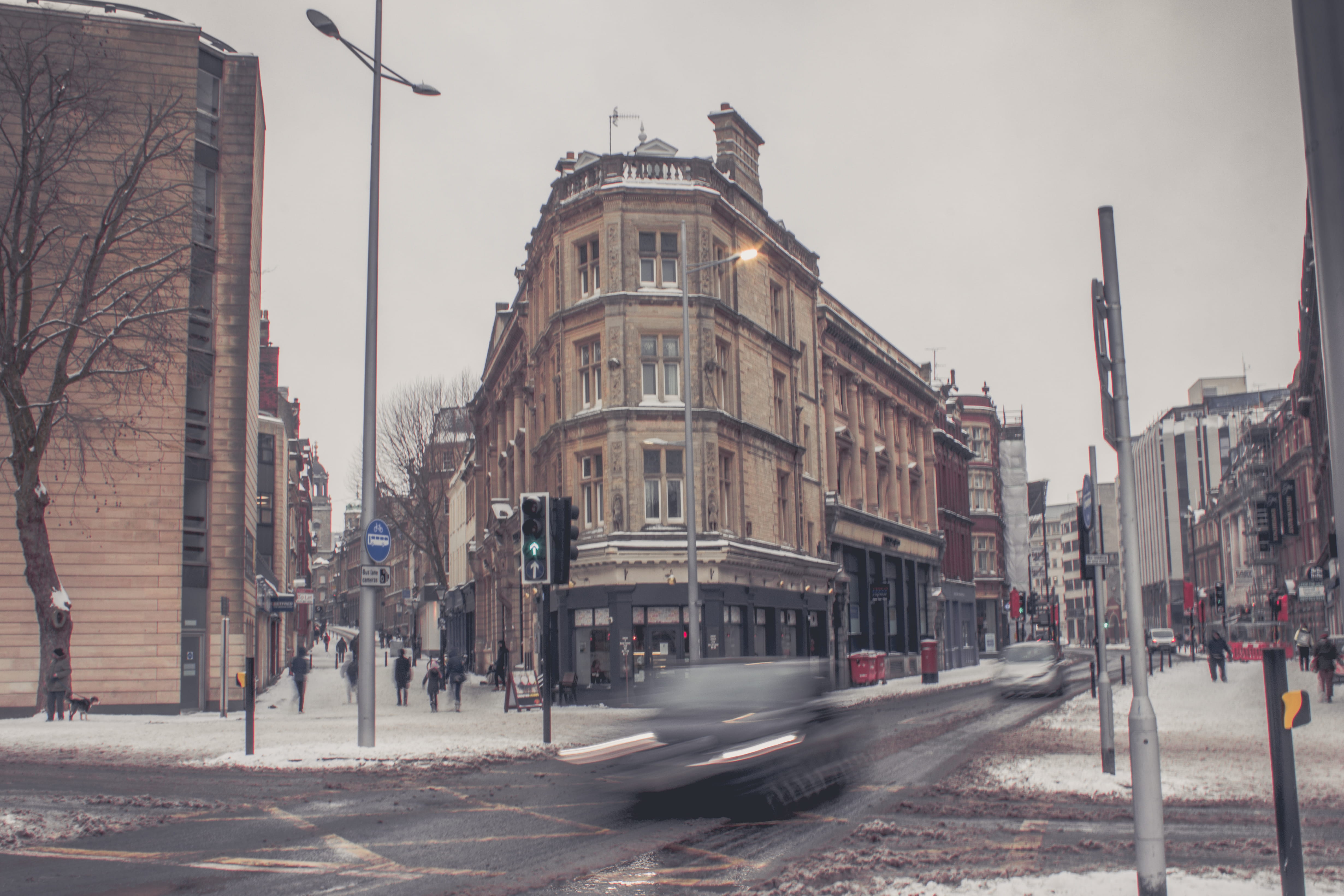 architecture, sky, travel destinations, motion, cityscape, snow, no people, landscape, blurred motion, outdoors, street, 4K, city street, road, street light, HD Wallpaper