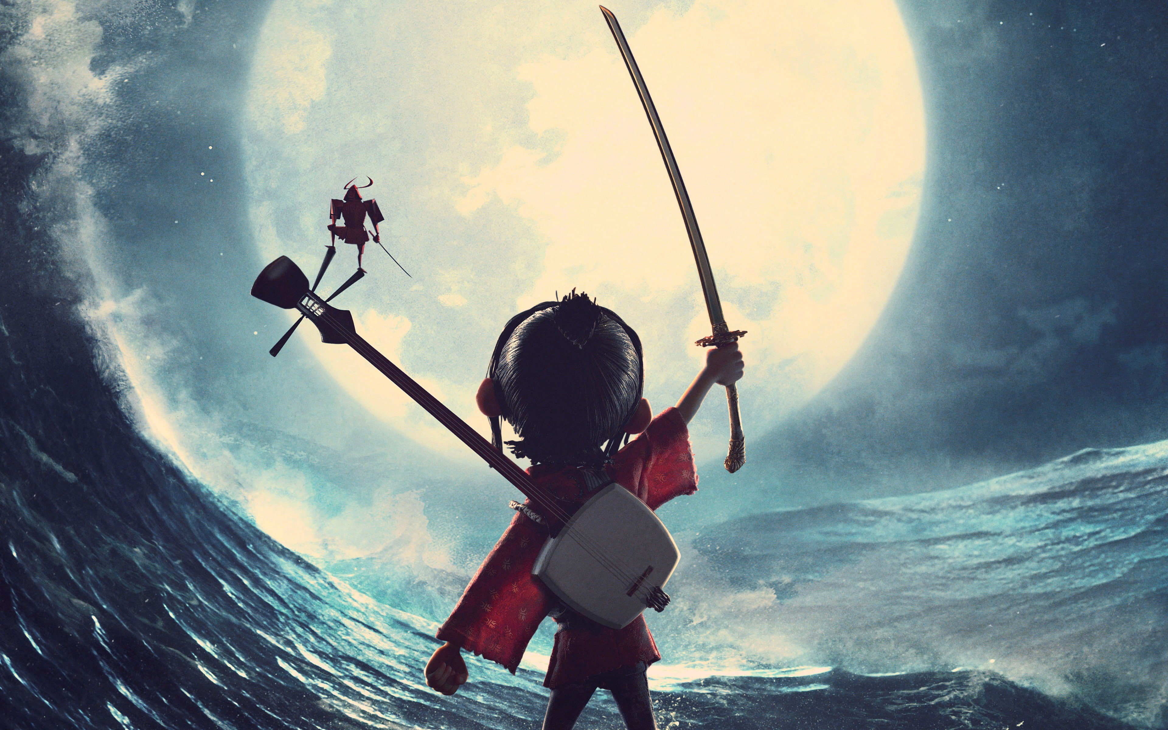 Kubo and the Two Strings, Best Animation Movies of 2016, digital, carrying, sleeved, dress, man, 4K, sword, holding, full, pink, moon, guitar, HD Wallpaper