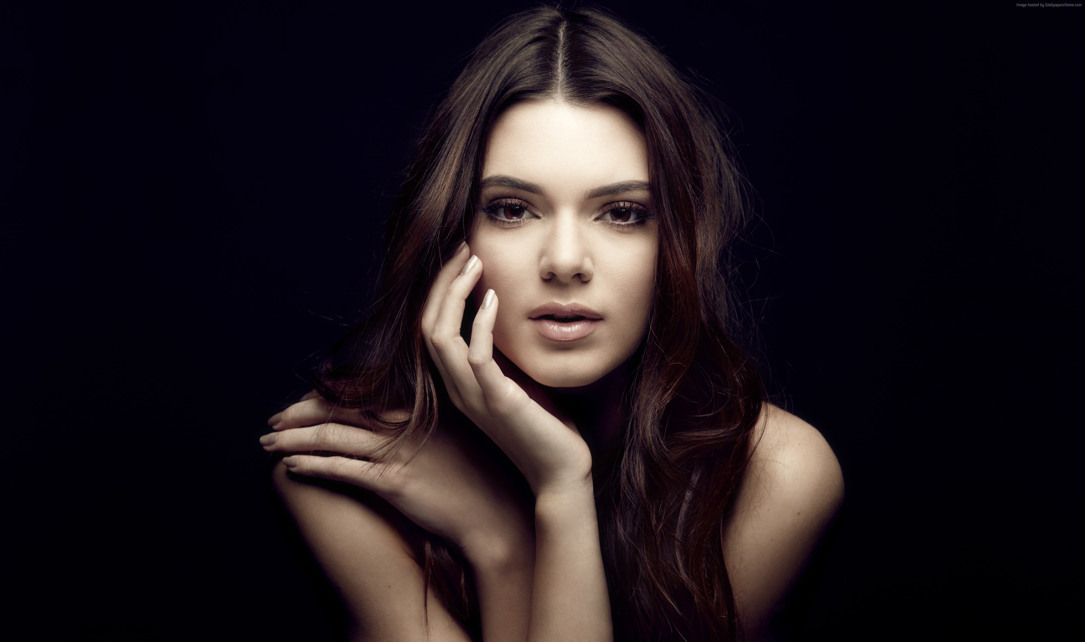 headshot, portrait, young adult, long hair, studio shot, one person, beauty, eyes, Kendall Jenner, hair, fashion, emotion, contemplation, looking at camera, HD Wallpaper
