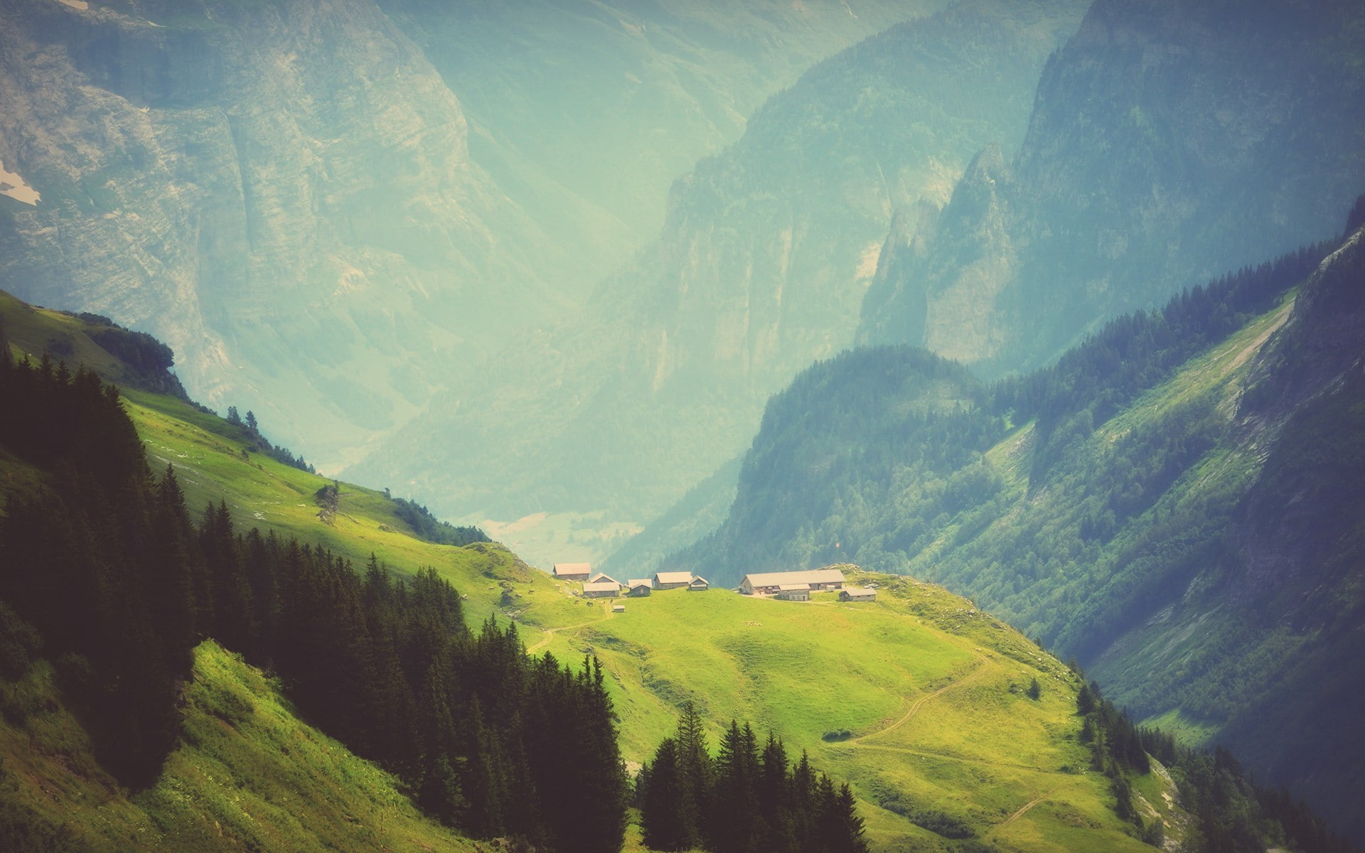 tranquility, KDE, mountain, Trees, green color, idyllic, 1080P, tree, beauty in nature, rural scene, land, no people, Switzerland, valley, environment, HD Wallpaper