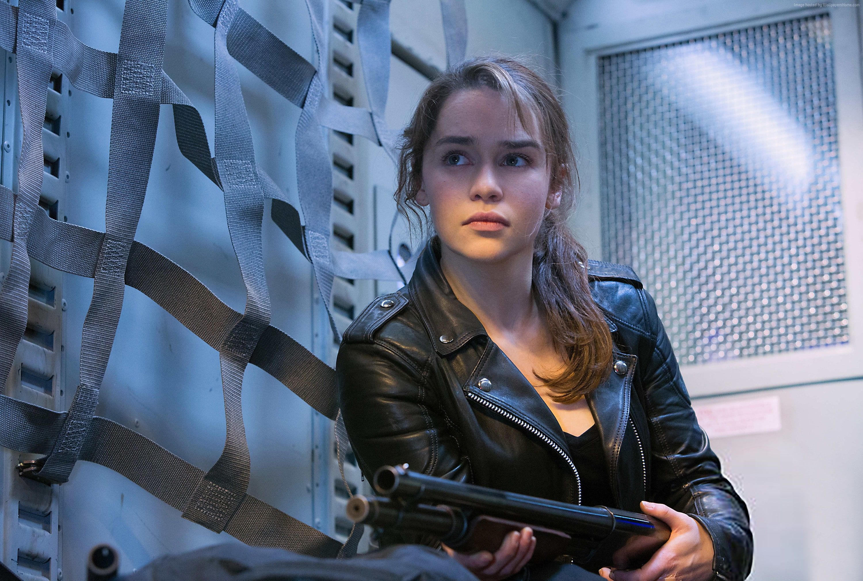 portrait, one person, Terminator: Genisys, Emilia Clarke, leather jacket, brown hair, adolescence, holding, front view, hair, hairstyle, long hair, clothing, HD Wallpaper