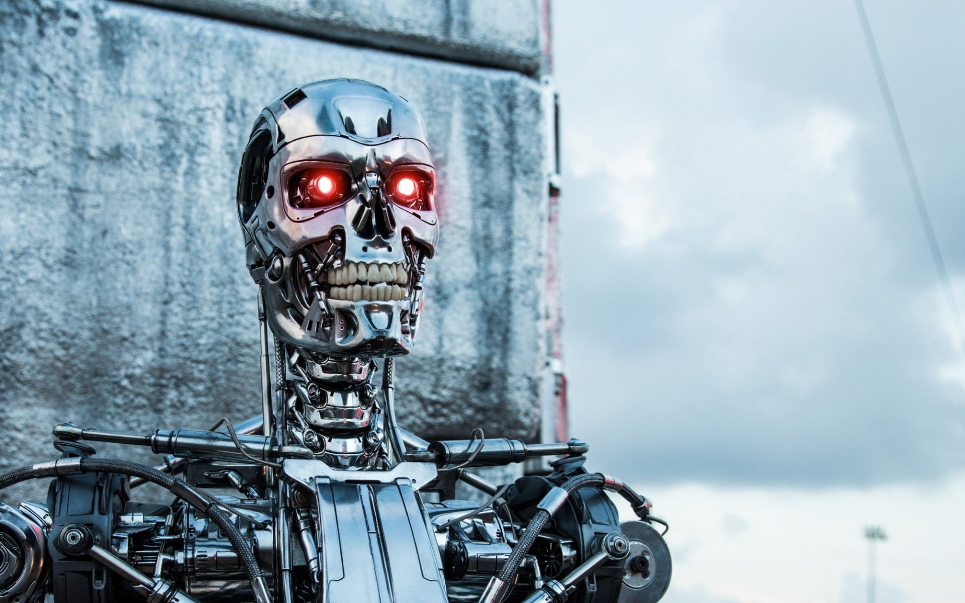 built structure, city, transportation, architecture, focus on foreground, land vehicle, street, 1080P, mode of transportation, stationary, terminator terminator genisys movies robot science fiction, HD Wallpaper