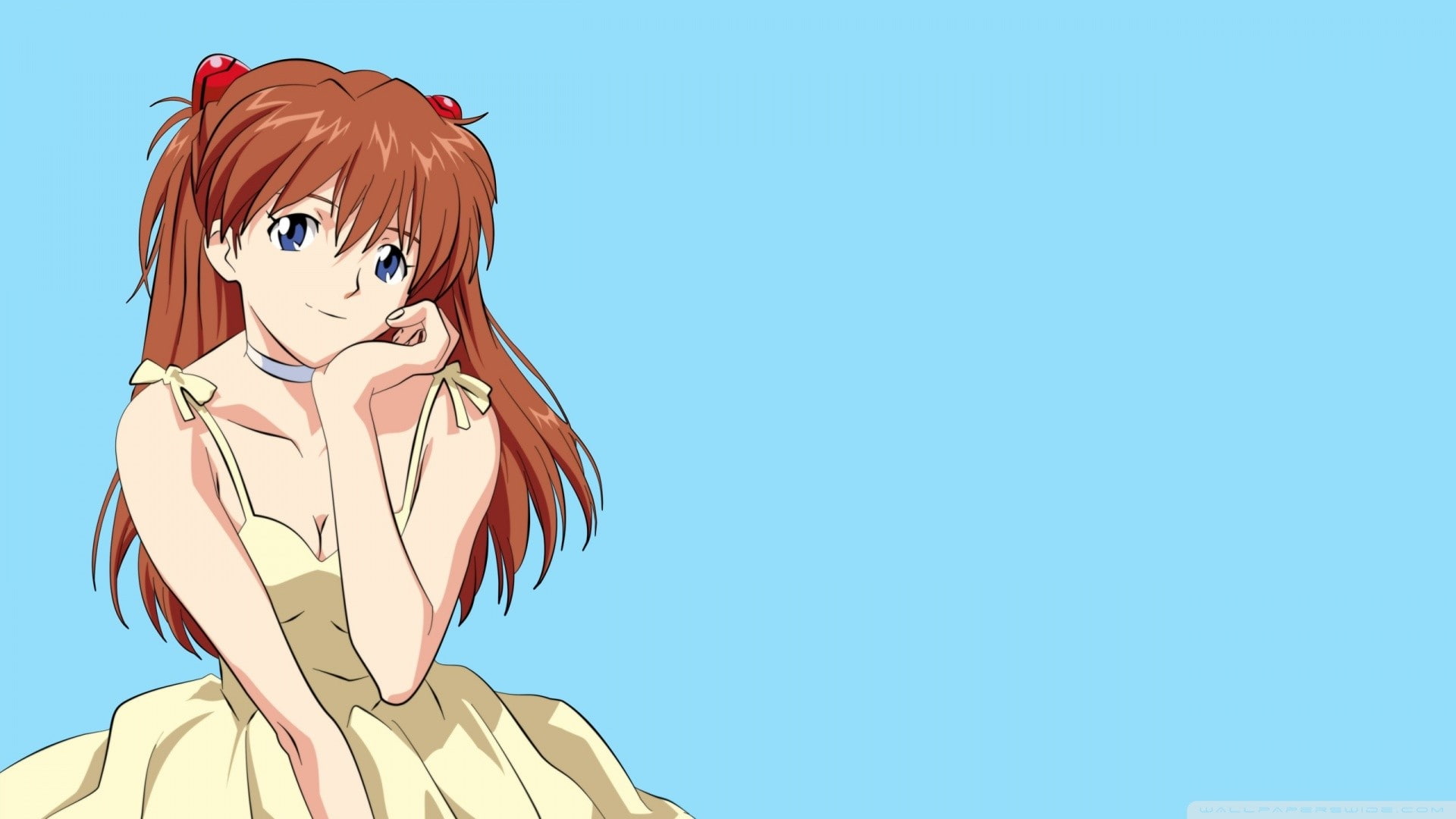 scarf, copy space, outdoors, clothing, red, one person, clear sky, headshot, portrait, dyed red hair, human representation, blue, Neon Genesis Evangelion, HD Wallpaper