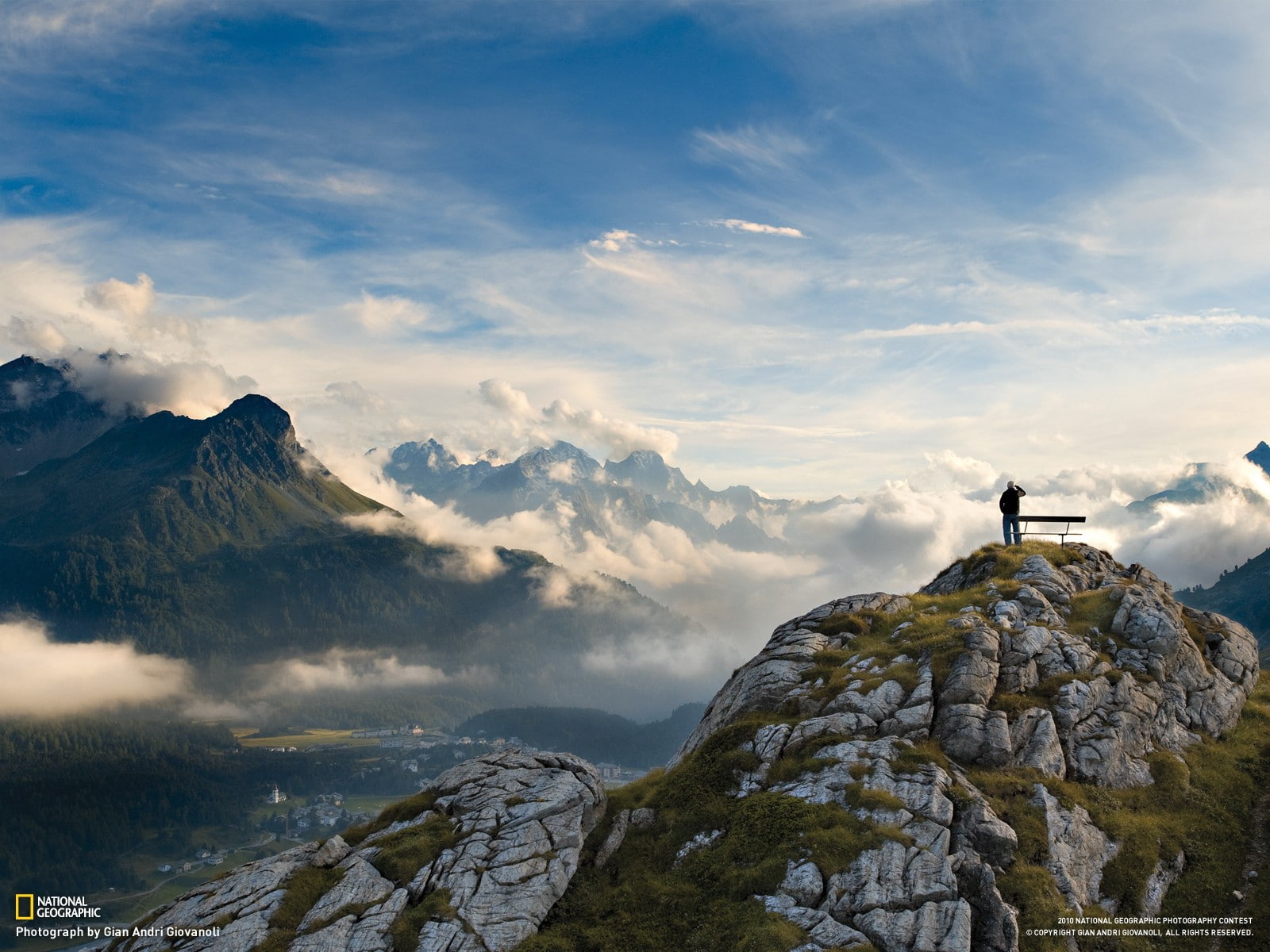 mountains, Italy, sky, bench, National Geographic, clouds, Alps, landscape, 2010 (Year), 720P, nature, HD Wallpaper