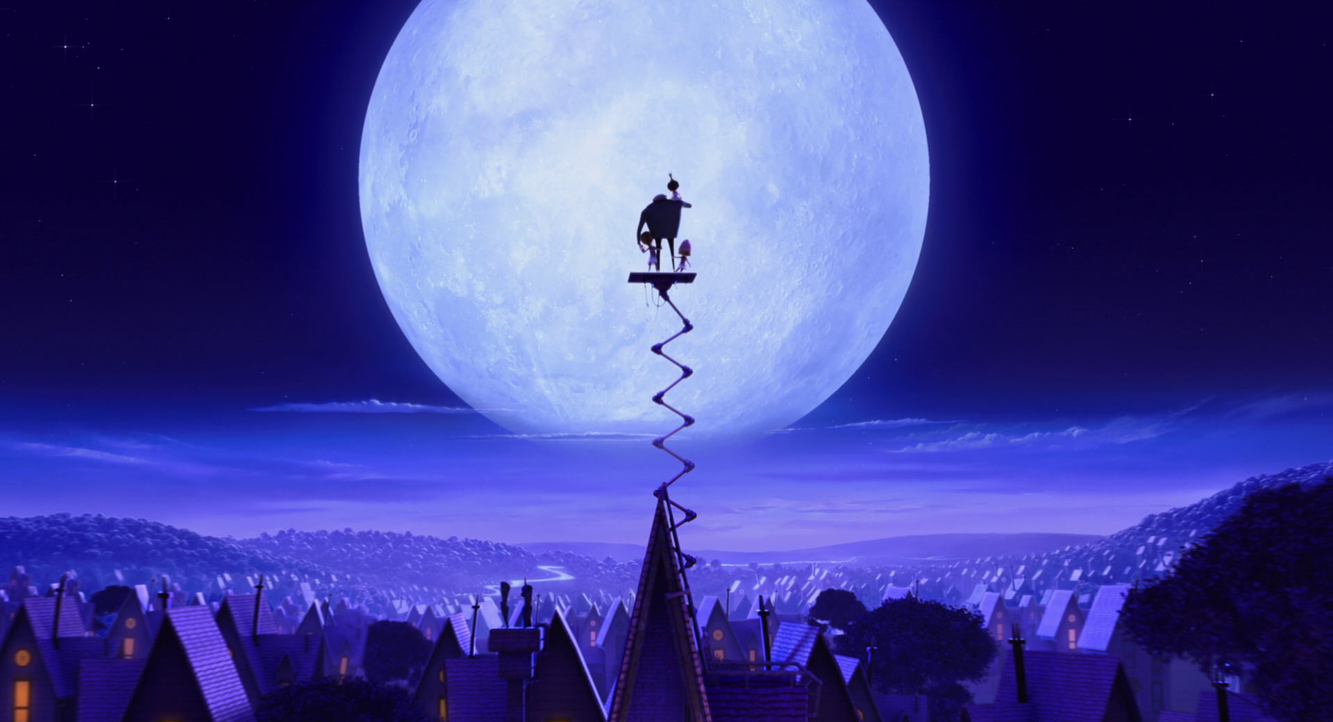 Gru (Despicable Me), fantasy, above, full moon, moonlight, adult, outdoors, Edith (Despicable Me), architecture, men, cloud - sky, night, building exterior, HD Wallpaper