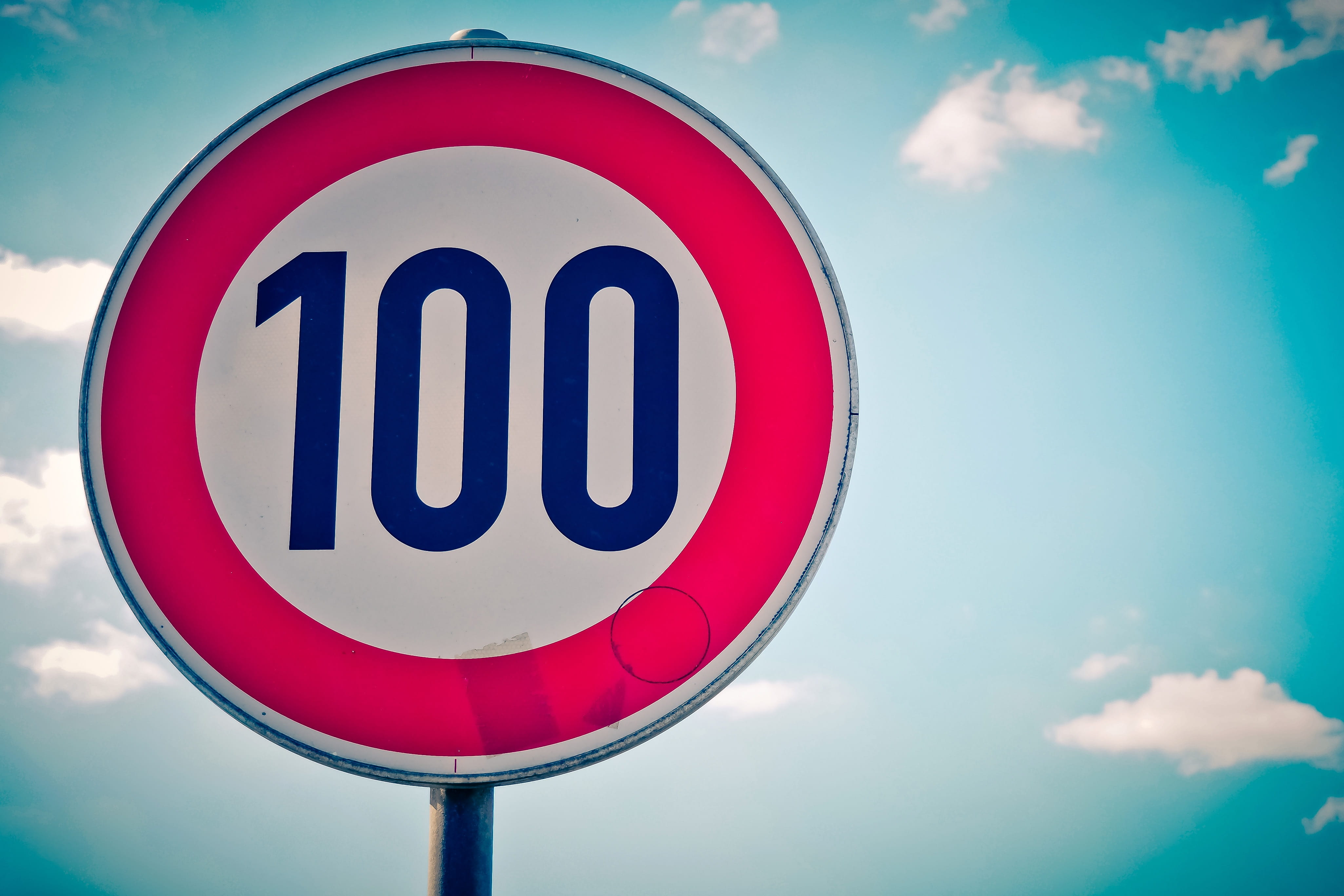 sky, circle, number, red, drive, shield, blue, road sign, road, highway, close-up, speed, warning sign, cloud - sky, day, communication, guidance, clouds, HD Wallpaper
