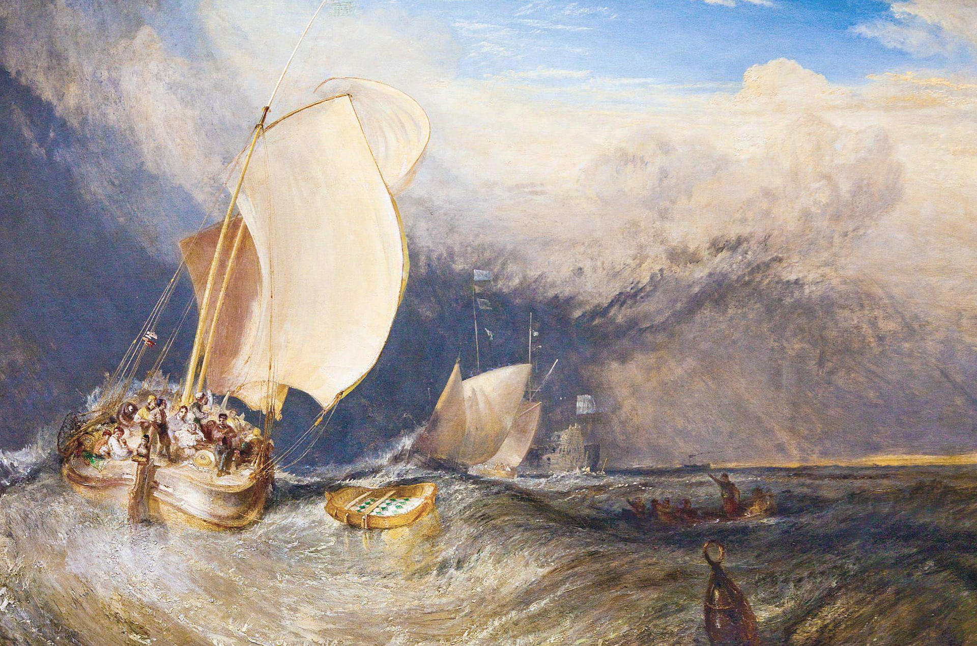 fishermen, seascape, Fishing Boats with Hucksters Bargaining for Fish, wave, William Turner, sea, boat, picture, sail, 1080P, HD Wallpaper