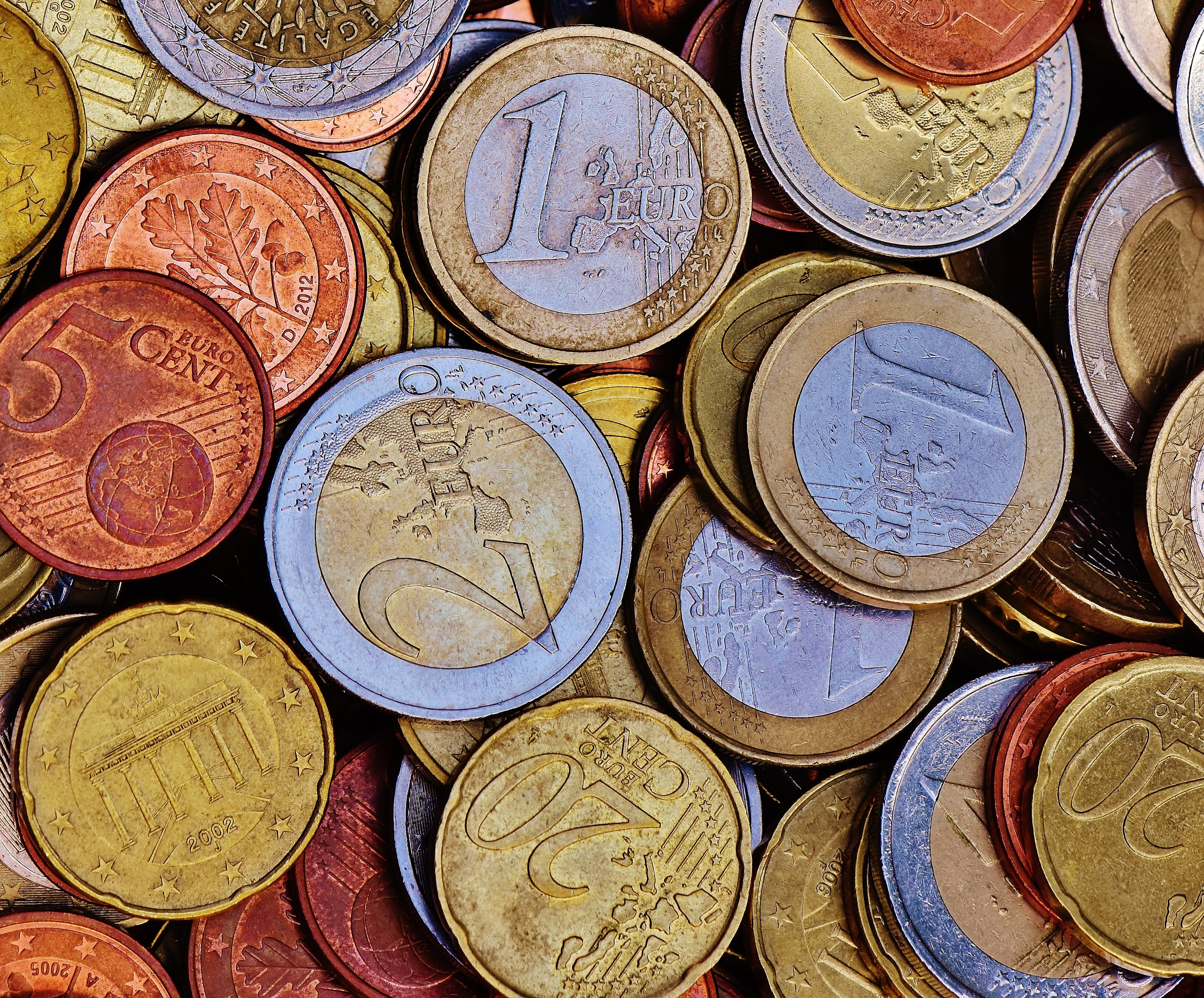 wealth, backgrounds, market, no people, commerce, euro cents, abundance, specie, â‚¬ coin, high angle view, gold colored, circle, choice, 4K, metal money, HD Wallpaper