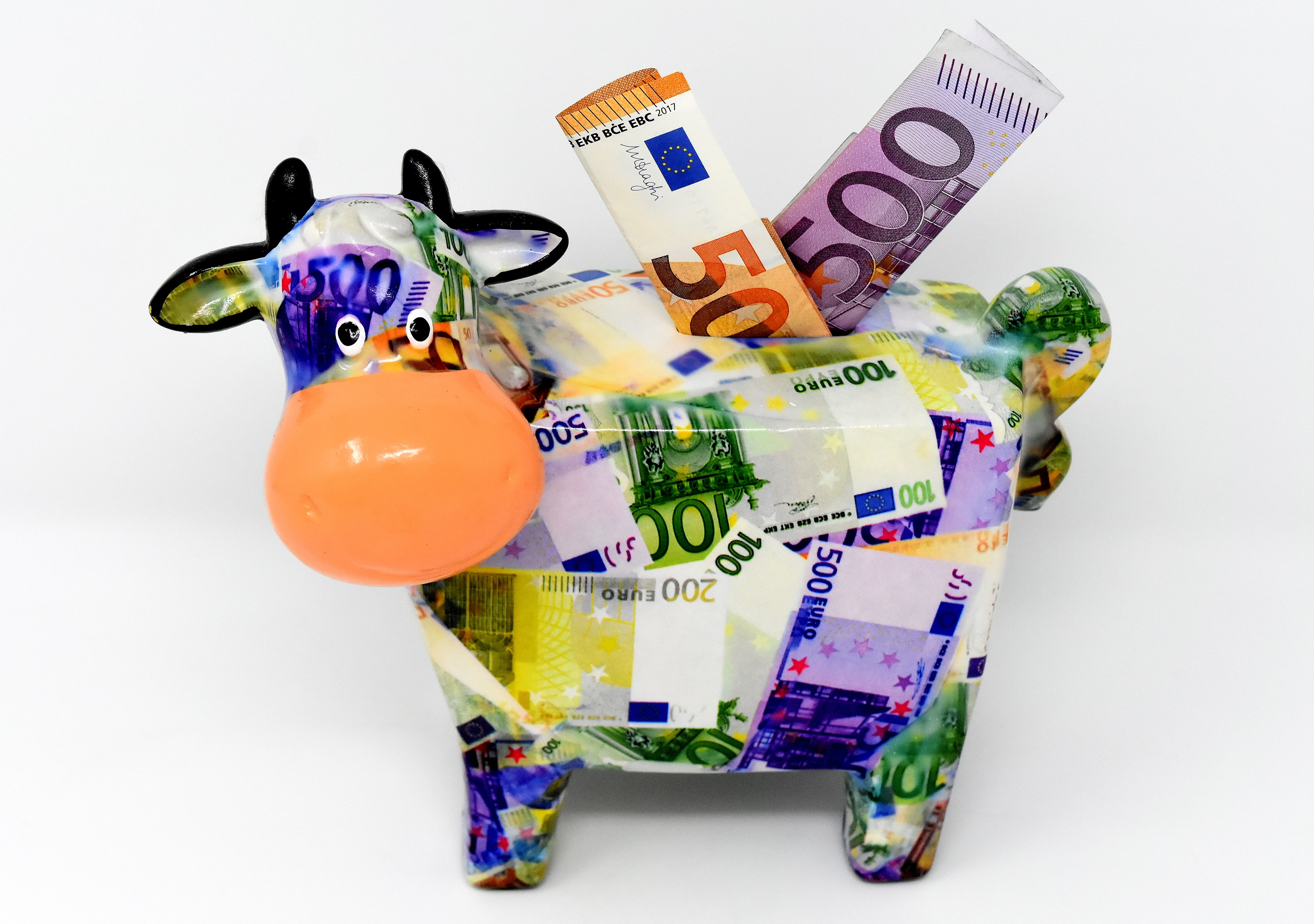 50 euro, blue, paper currency, finance, savings, cow, no people, money, indoors, still life, ceramic, variation, 500 euro, bank, business, white background, HD Wallpaper