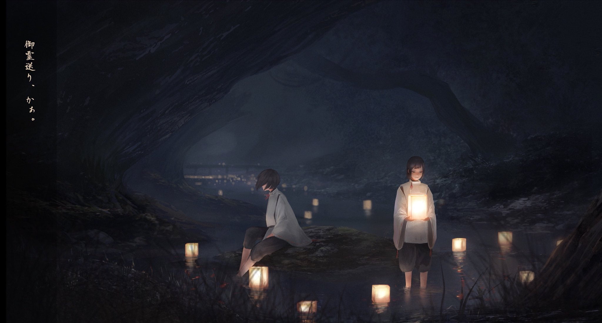 two girls, characters, priestess, night, lights, river, 1080P, in the water, rite, HD Wallpaper