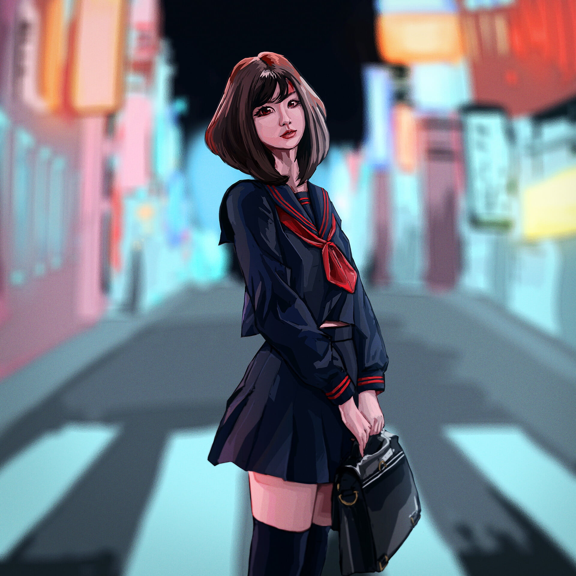 black bag, ArtStation, handbags, 1080P, black dress, brunette, digital art, standing, looking at viewer, black clothing, artwork, Ilya Kurchatov, women, Phone HD Wallpaper