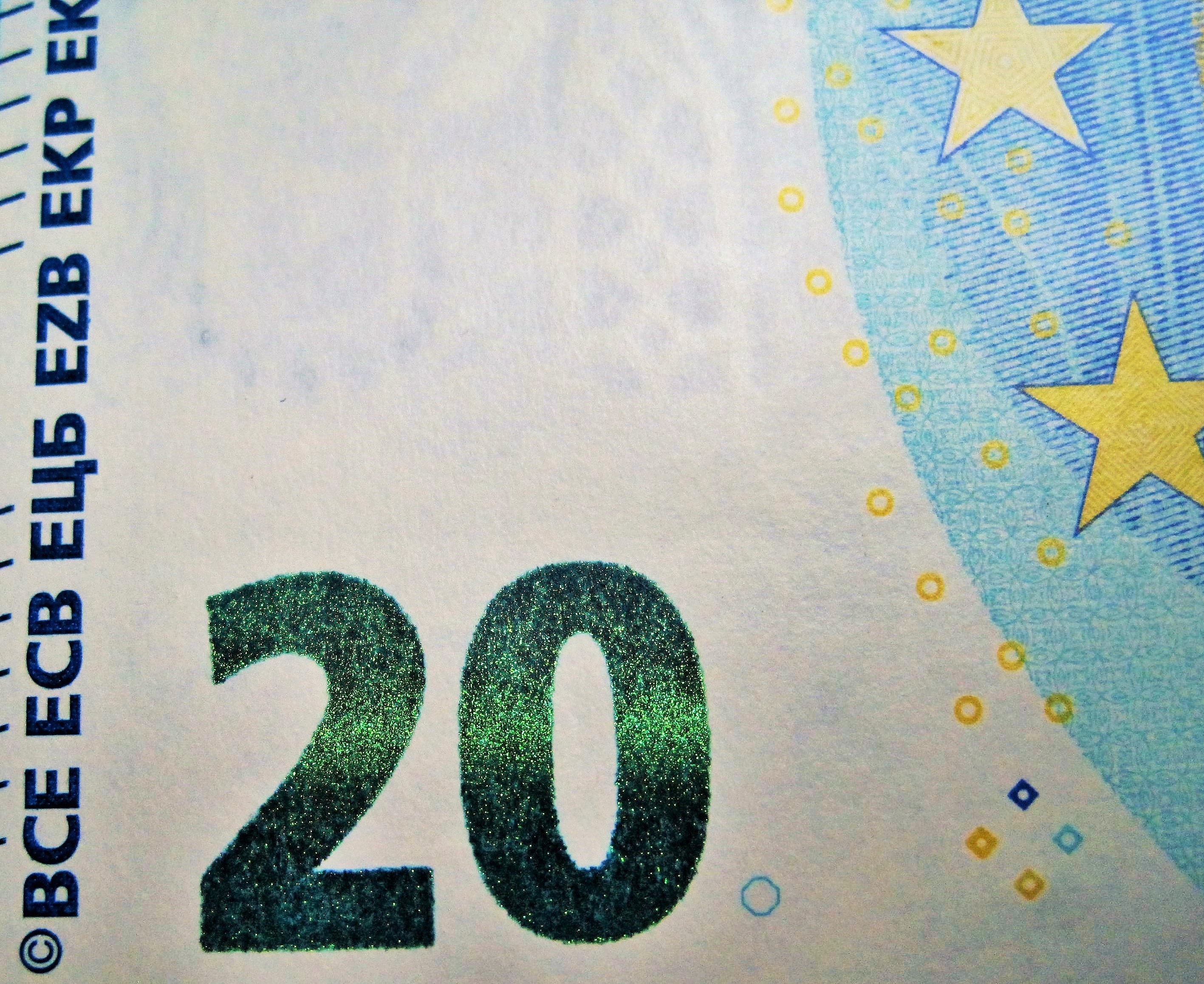 studio shot, front side, multi colored, new, number, 20 euro, emerald-paid, green color, backgrounds, twenty euros, security feature, euro, extreme close-up, HD Wallpaper