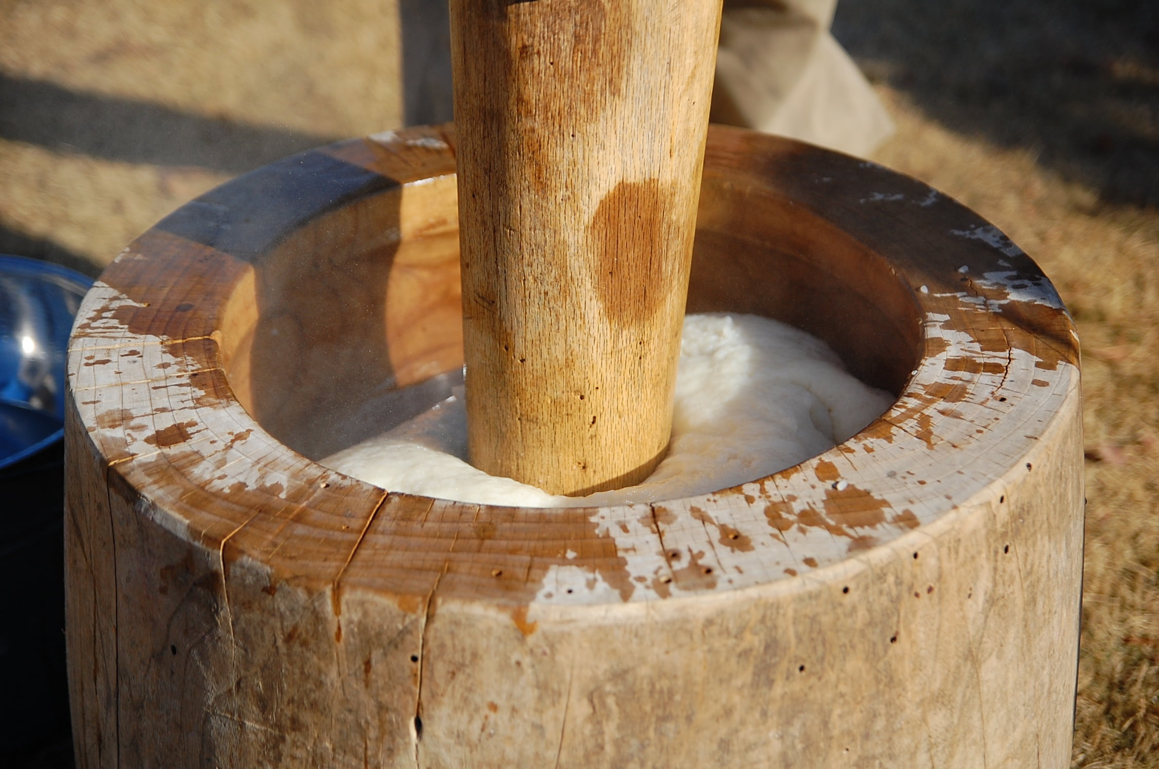 food and drink, food, wood, outdoors, still life, close-up, tree trunk, metal, tree, high angle view, bark, pounding mochi, wood - material, focus on foreground, HD Wallpaper