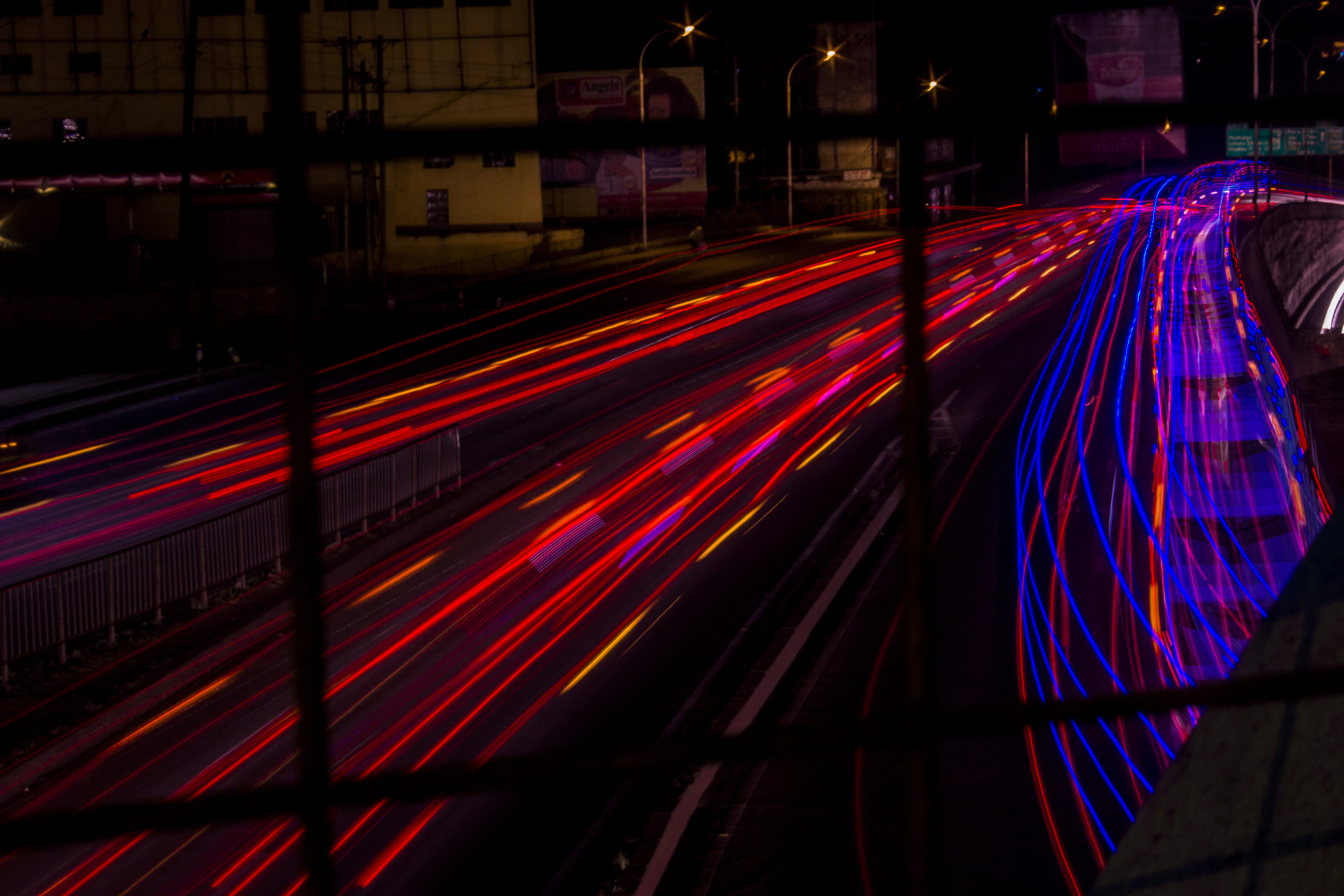 light trail, 5K, building, cityscape, no people, nature, tail light, speed, illuminated, vehicle, long exposure, blurred motion, cars, multi colored, motion, HD Wallpaper