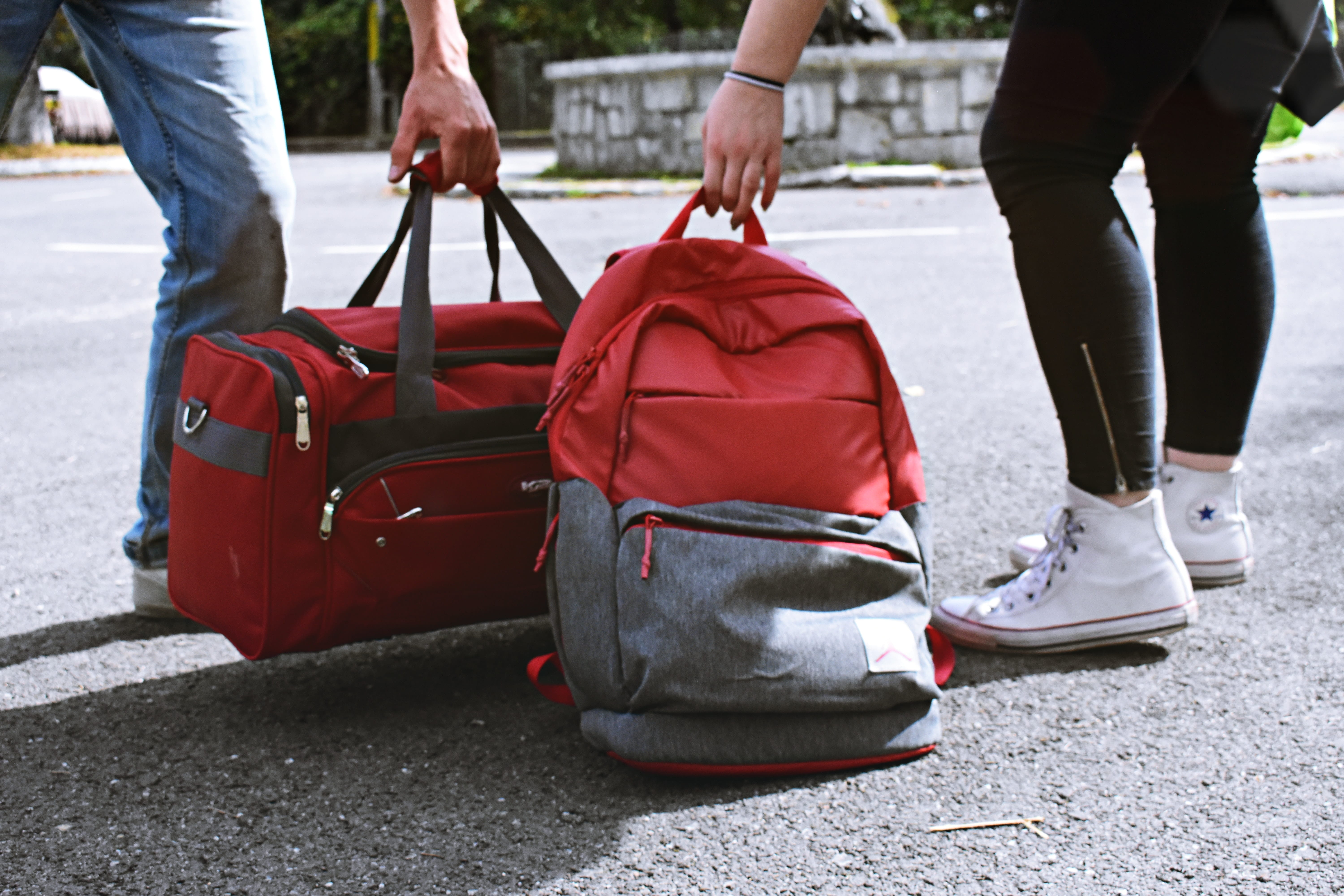 people, transportation, two, daylight, casual clothing, human leg, hands, wear, day, men, walking, action, carry, backpack, outdoors, luggage, body part, HD Wallpaper