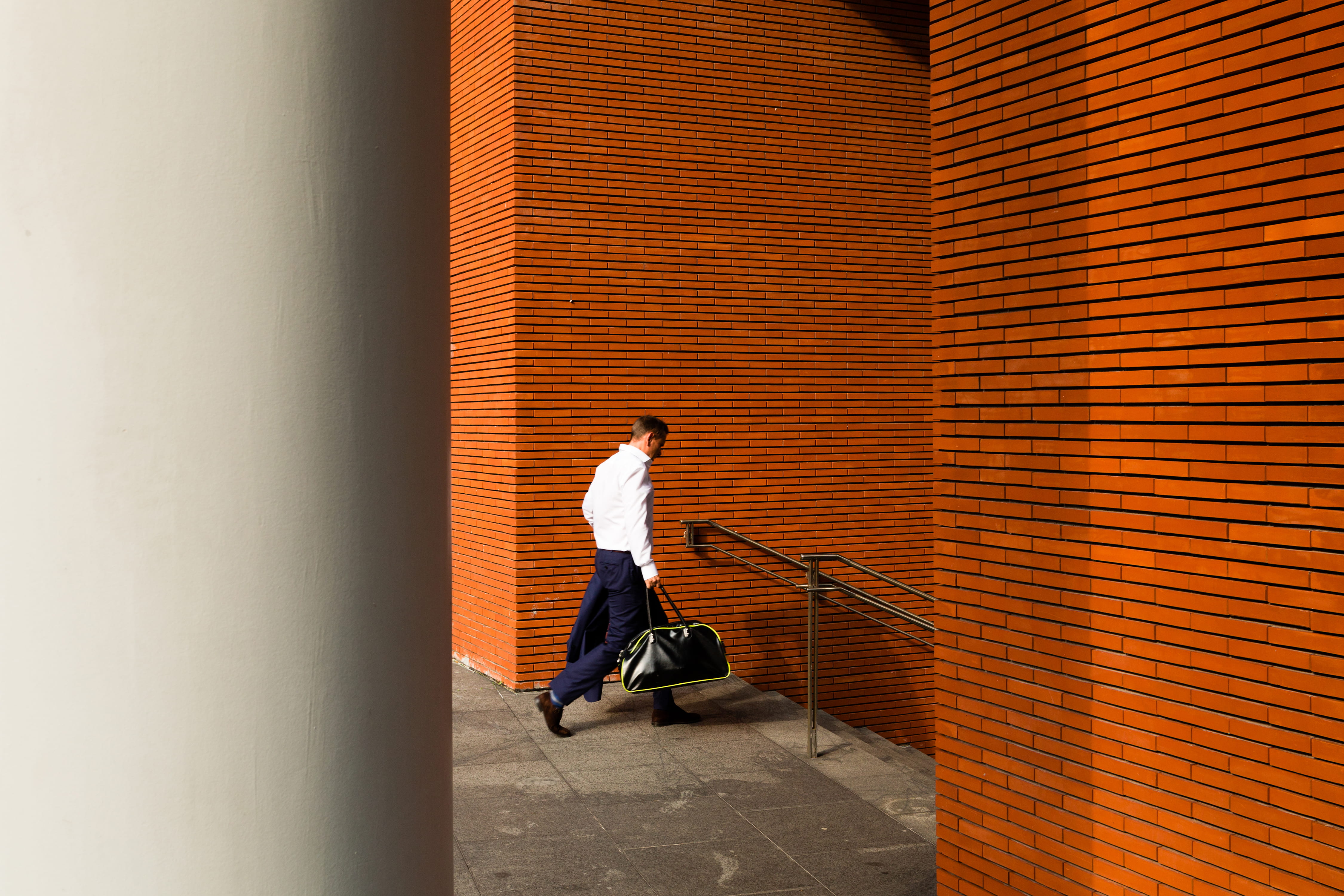 4K, spain, travel, male, bilbao, side view, orange, built structure, bag, stairs, stair, steps, modernism, building, day, orange color, holding, one person, HD Wallpaper