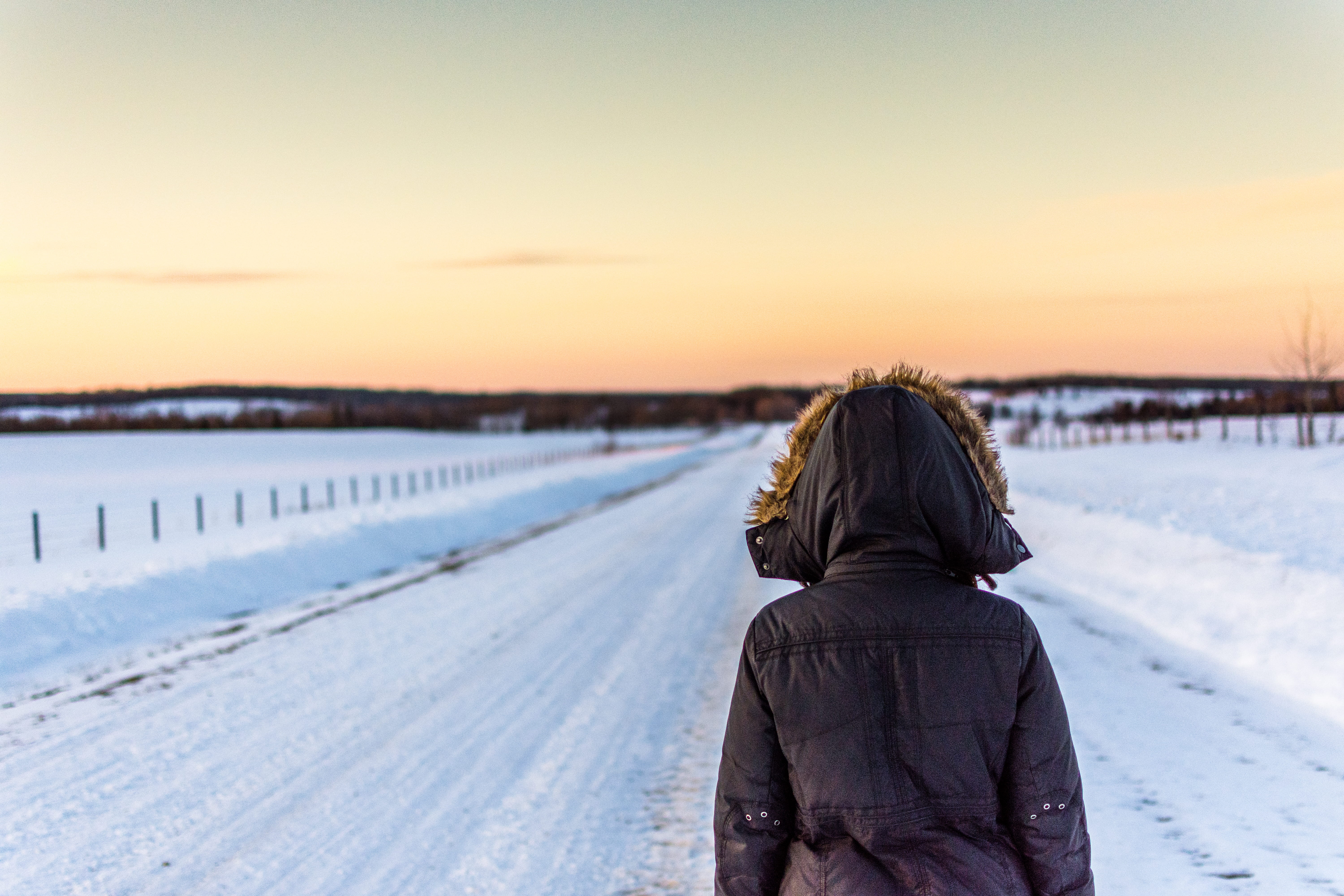 sky, covering, black, duffel coat, leisure activity, standing, girl, person, road, environment, hood - clothing, 5K, horizon, thought, snow, cold temperature, HD Wallpaper