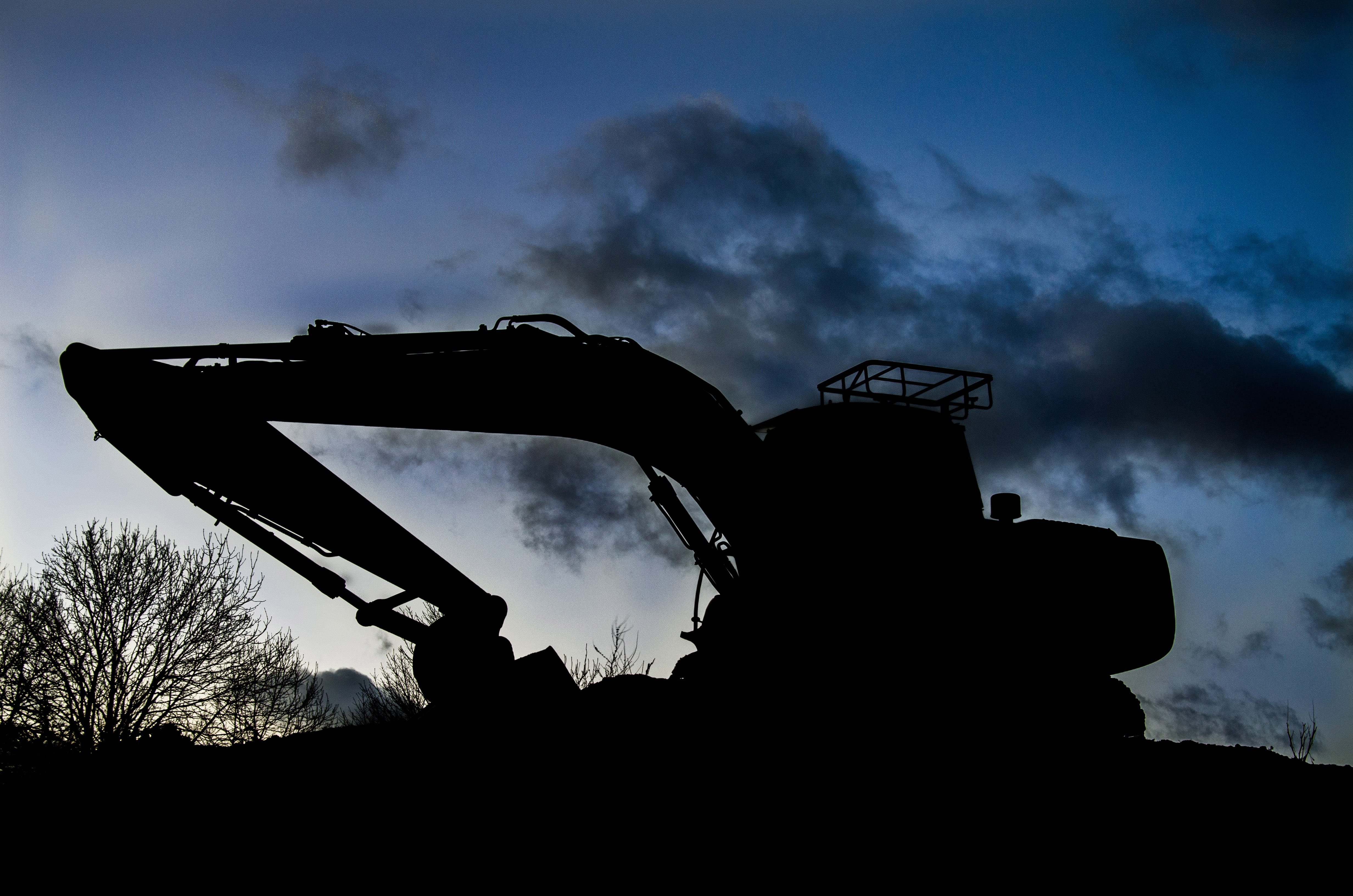 architecture, outdoors, Sunset, tree, no people, low angle view, cloud - sky, 4K, oil industry, military, nature, equipment, Digger, industry, fighting, HD Wallpaper
