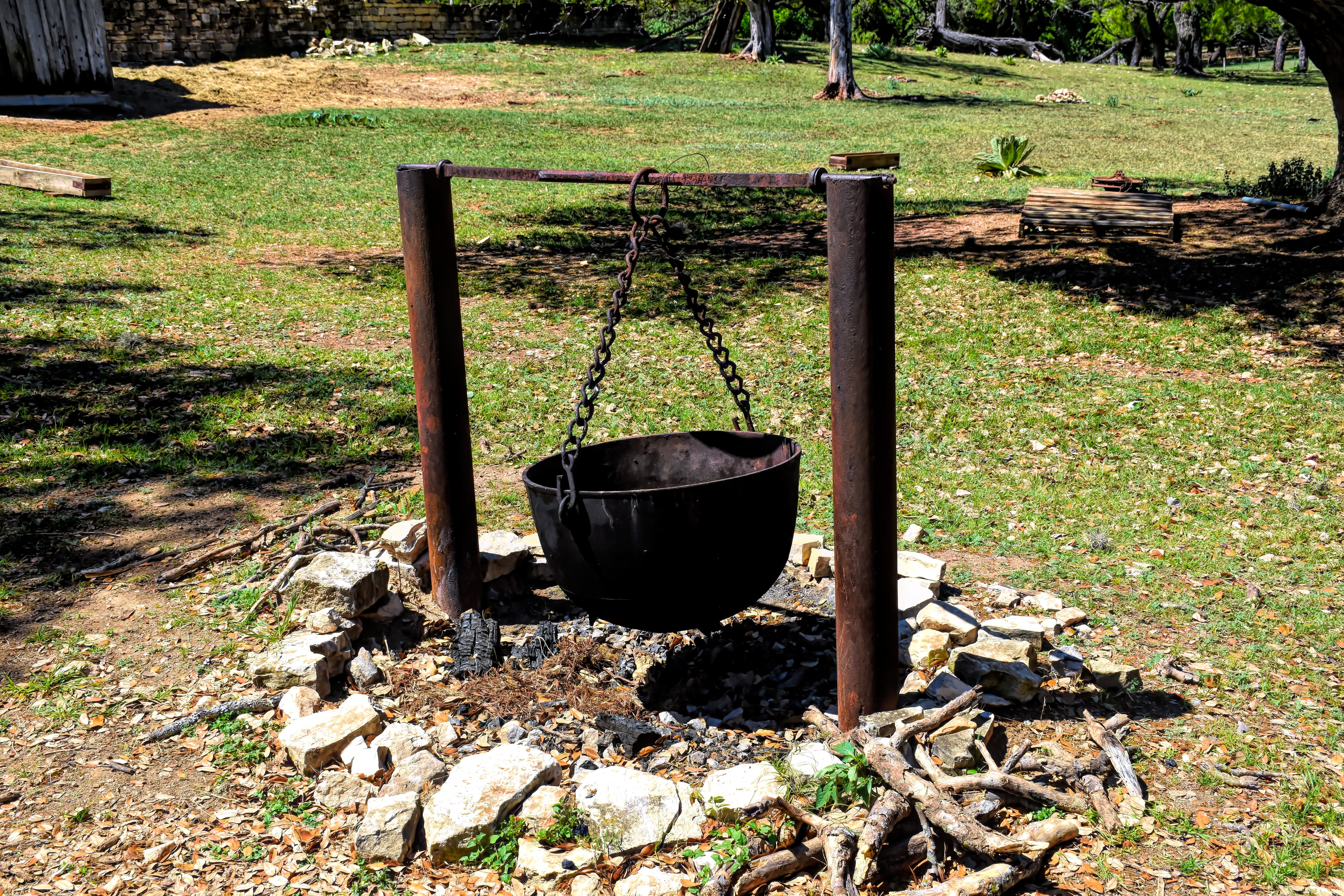 solid, firewood, heat, tree, wood, aged, food and drink, cooking, antique, plant, flame, 5K, log, well, old, high angle view, kettle, fire, field, cauldron, HD Wallpaper