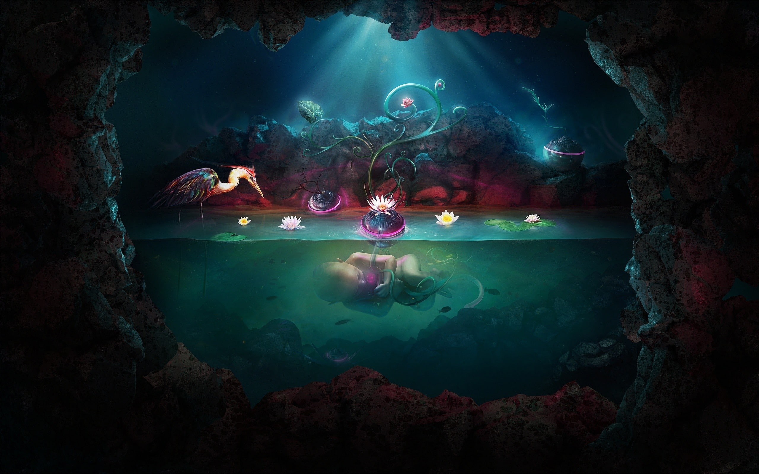 2K, baby, herons, fantasy art, underwater, HD Wallpaper