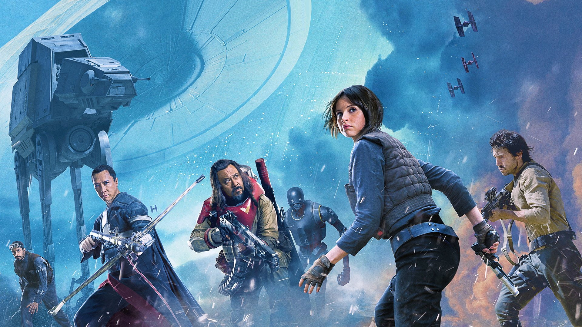 Cassian Andor, Baze Malbus, AT-AT Walker, Jyn Erso, K-2SO, Bodhi Rook, Rogue One: A Star Wars Story, Chirrut Îmwe, 1080P, Star Wars, HD Wallpaper