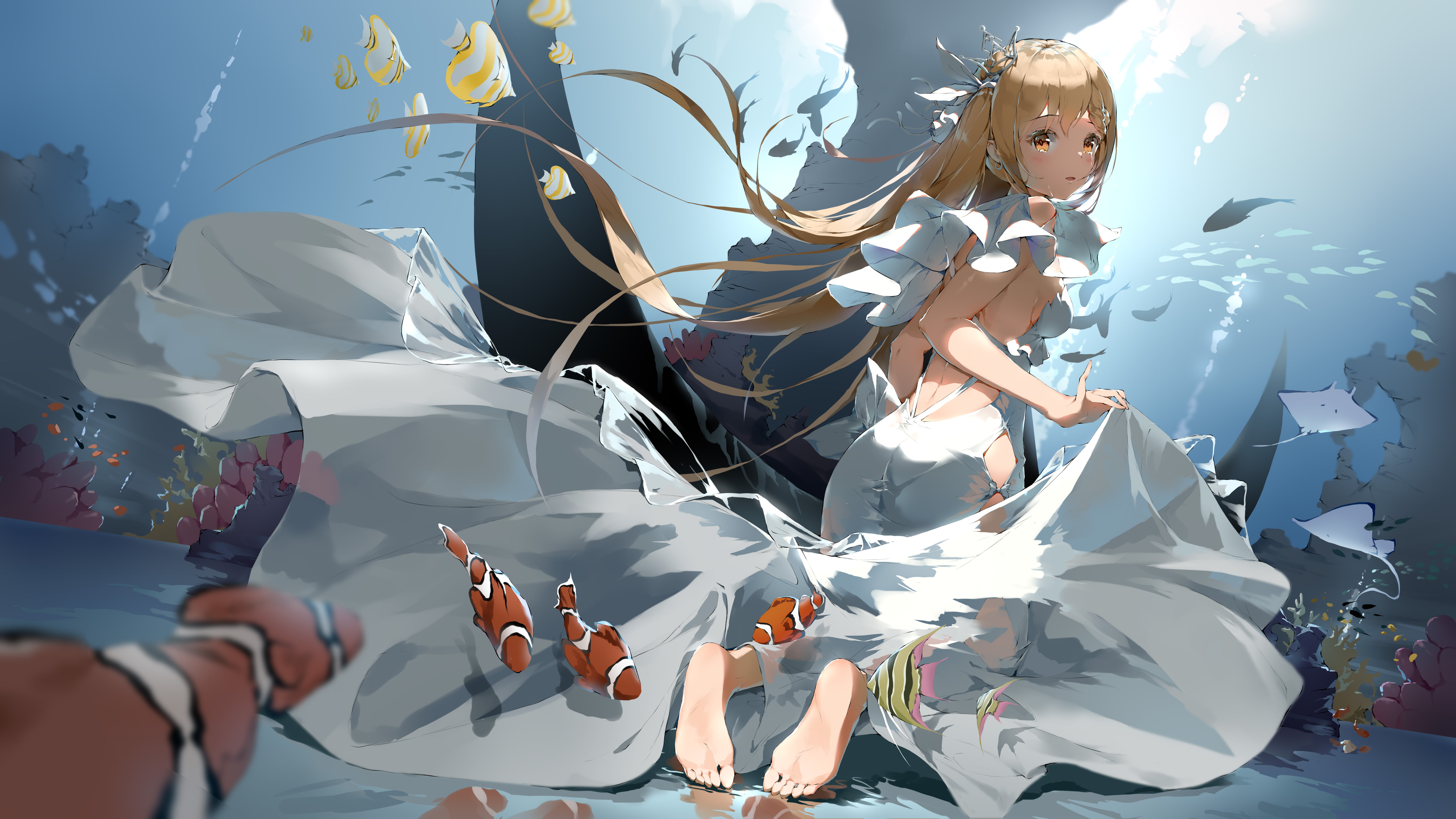 underwater, yellow eyes, blonde, 5K, feet, fish, Bodhi Wushushenghua, dress, anime, long hair, anime girls, HD Wallpaper