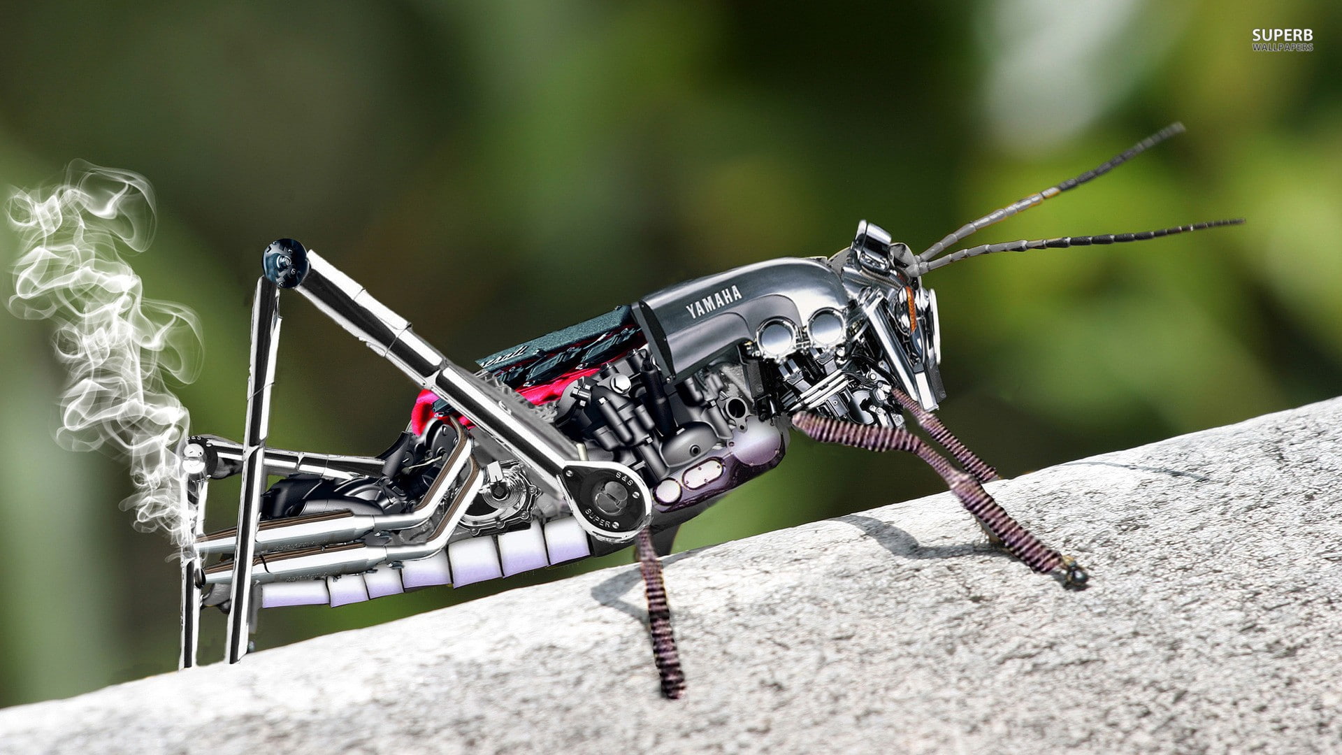 smoke, robot, insect, 1080P, digital art, Yamaha, grasshopper, HD Wallpaper