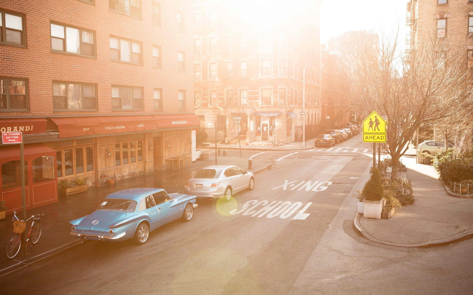 lens flare, road, day, mode of transportation, street, olivia, motion, nature, two, 1080P, sky, building exterior, city, blue, transportation, HD Wallpaper