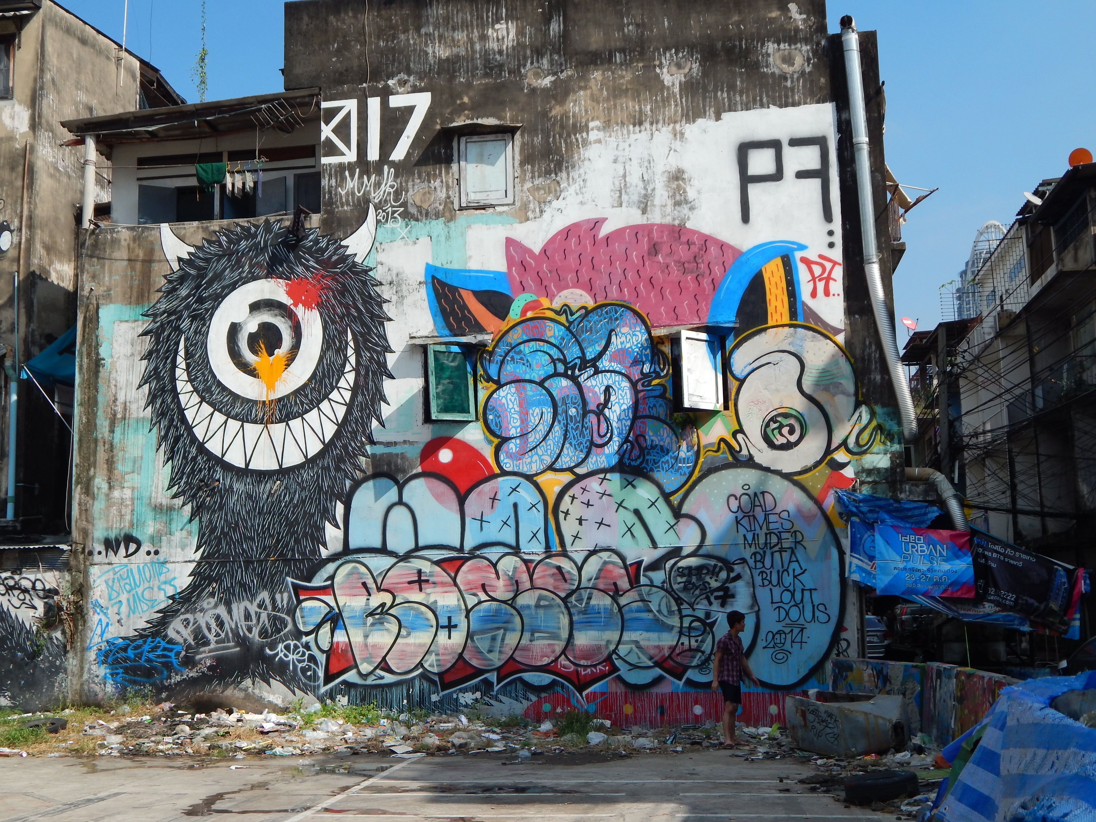 building exterior, no people, representation, art and craft, day, spraypaint, building, bangkok, 4K, graffito, human representation, asia, multi colored, HD Wallpaper