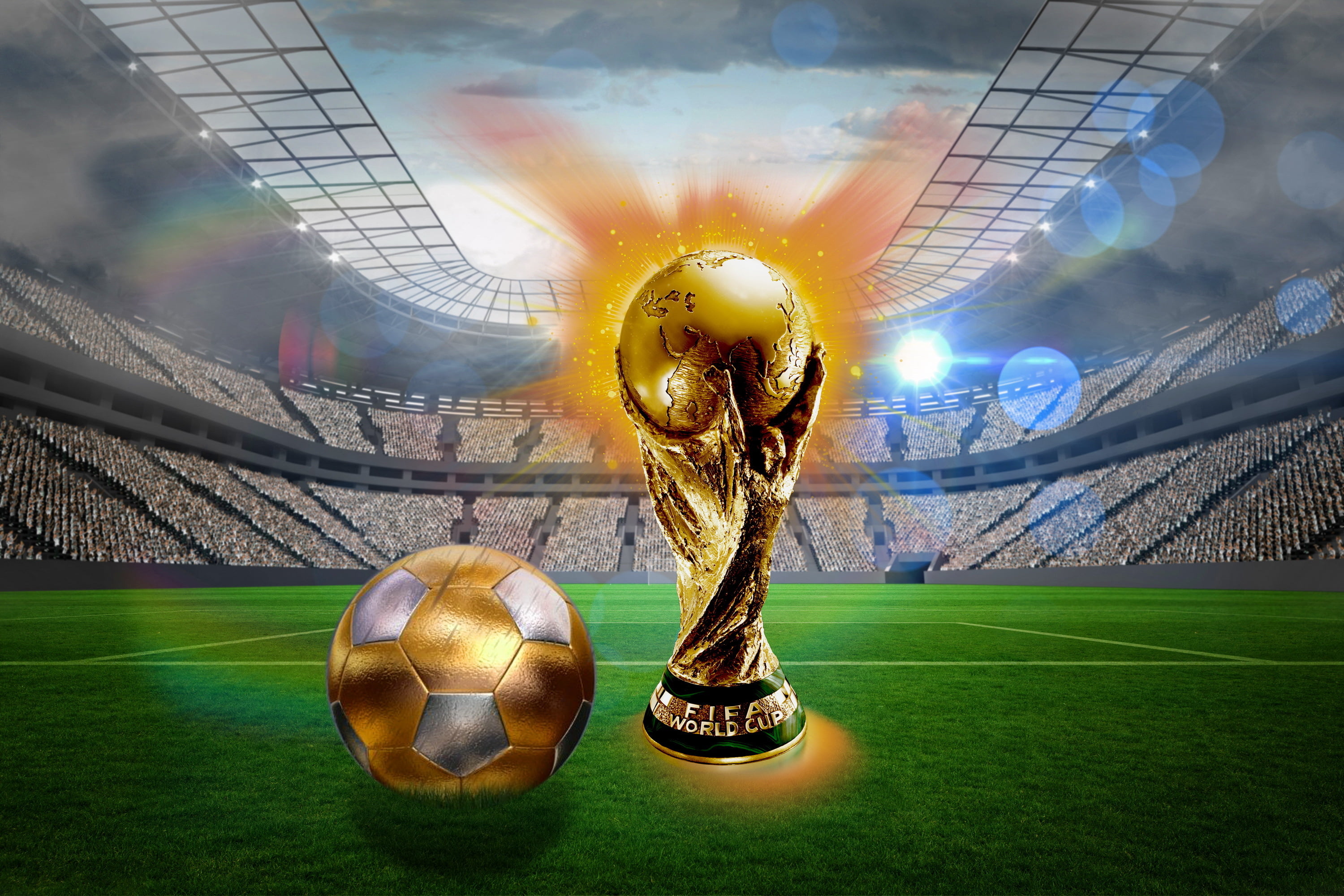 team sport, soccer, no people, 2K, low angle view, international team soccer, american football field, golden, competition, World Cup, sports equipment, HD Wallpaper