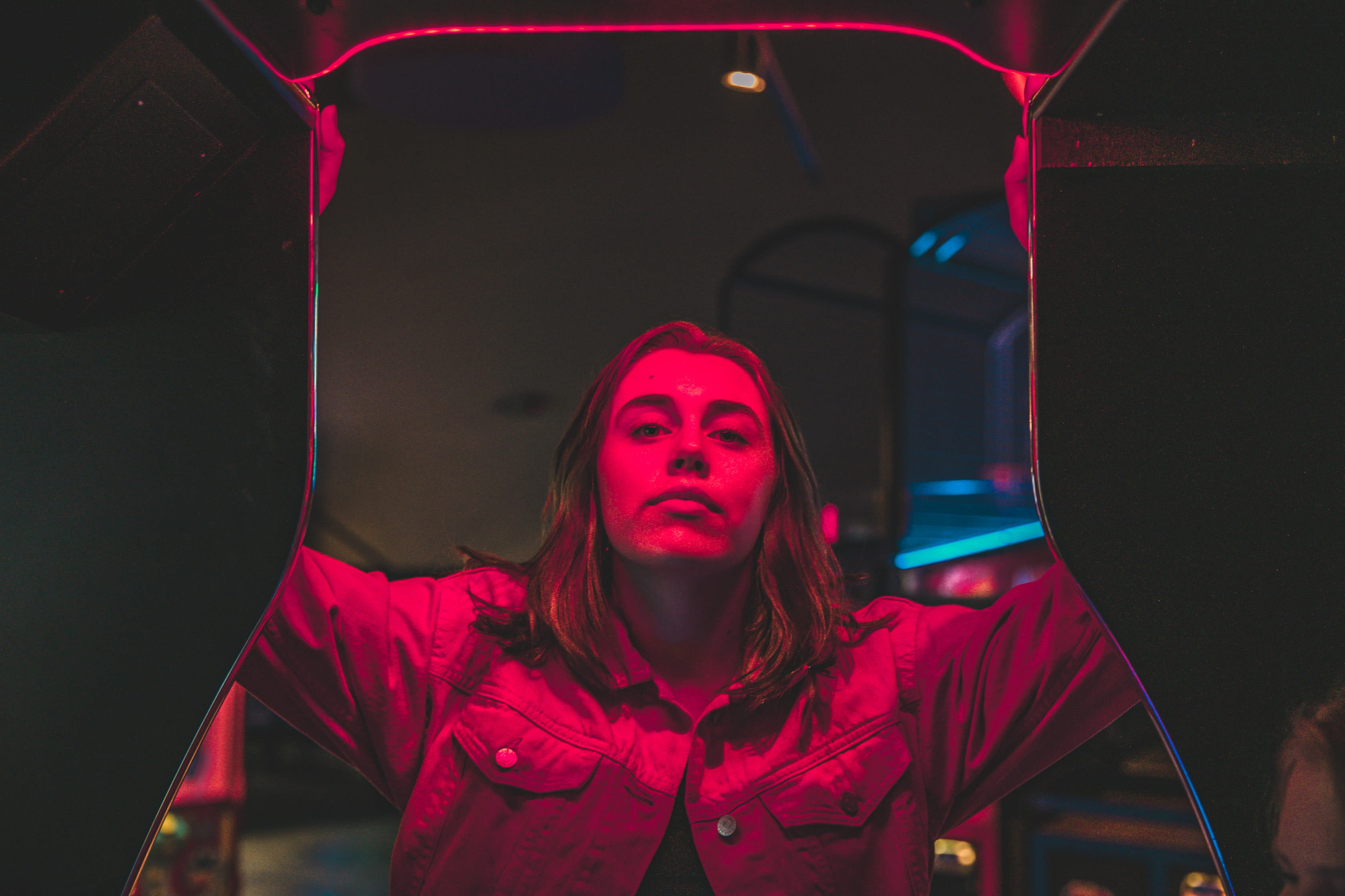 neon refect, headshot, standing, indoors, refection, beautiful woman, night, illuminated, girl, one person, hood, hooded shirt, 2K, portrait, front view, HD Wallpaper