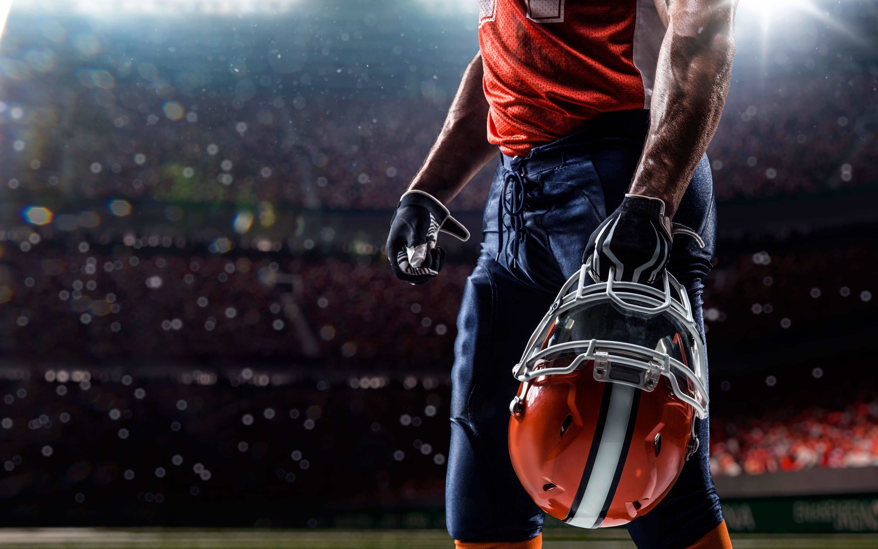 sports equipment, lifestyles, casual clothing, 2K, men, american, player, red, day, human body part, s, standing, adult, Football, sky, young adult, motion, HD Wallpaper