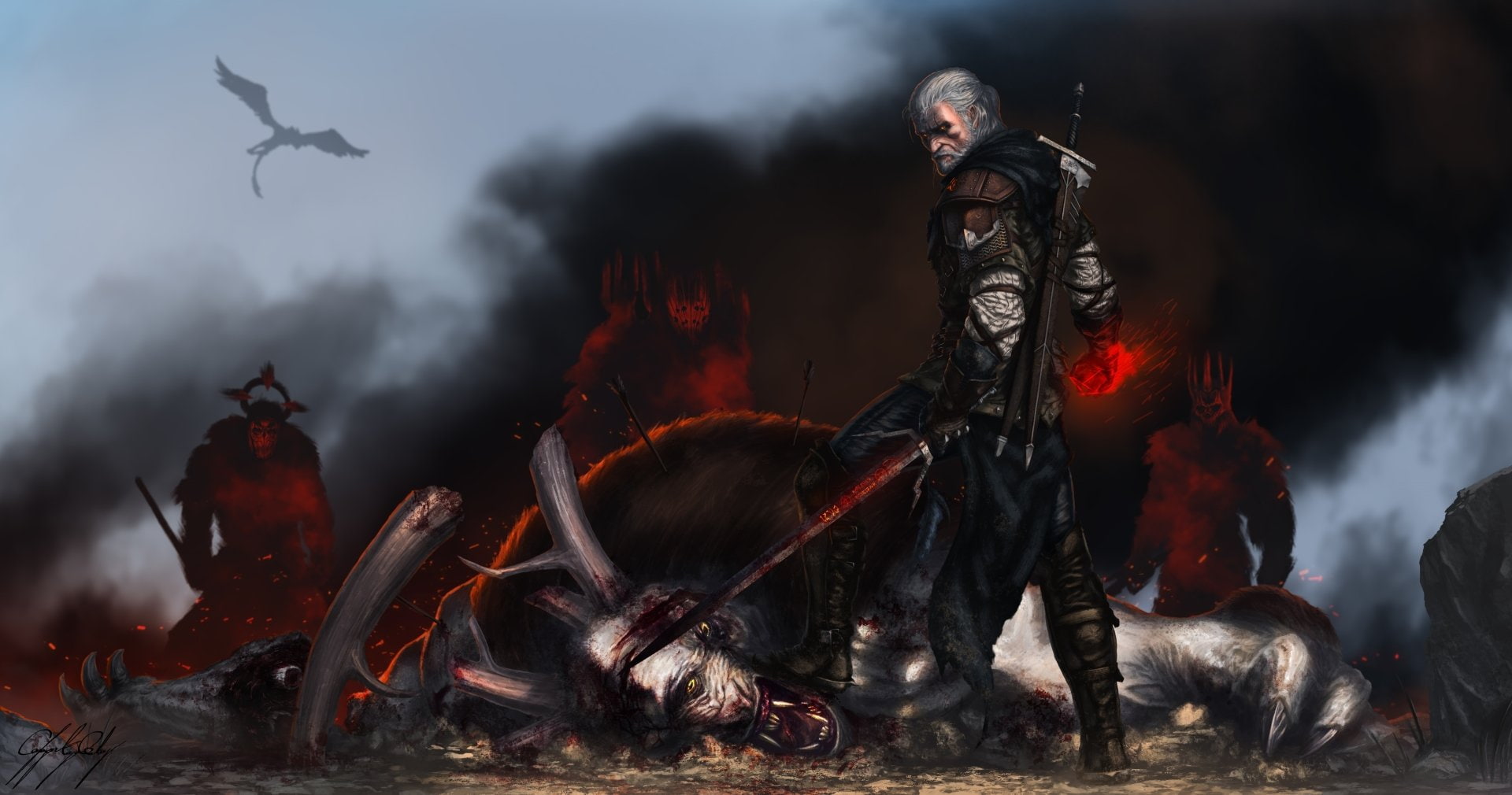 fire, anger, animal wildlife, fire - natural phenomenon, Warrior, sign, full length, adult, livestock, Creature, 1080P, smoke - physical structure, conquering adversity, HD Wallpaper