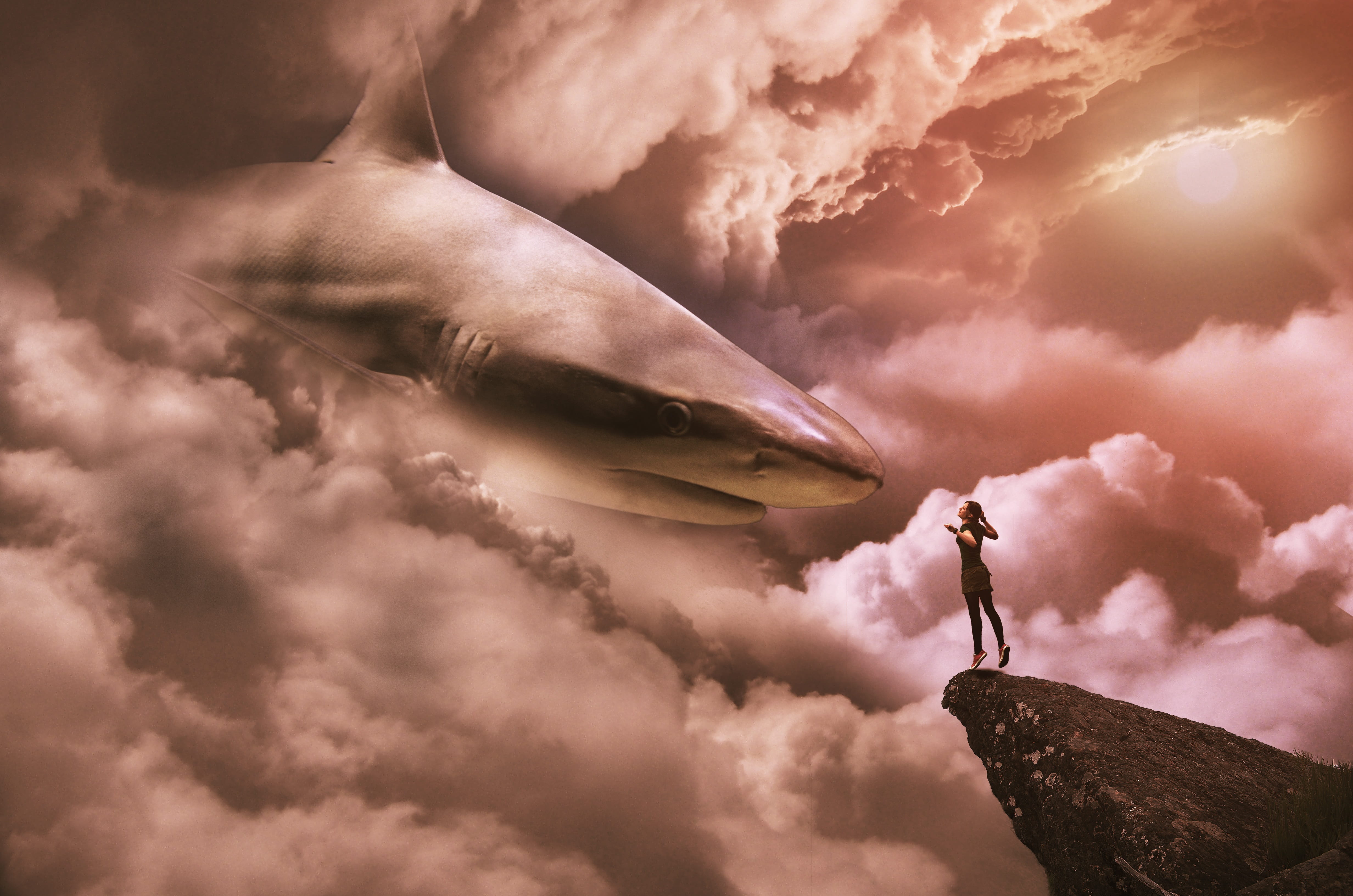 sky, clouds, marine, challenge, cloud - sky, mountain, rock, outdoors, scenics - nature, standing, sunset, one person, extreme sports, nature, photoshop, HD Wallpaper