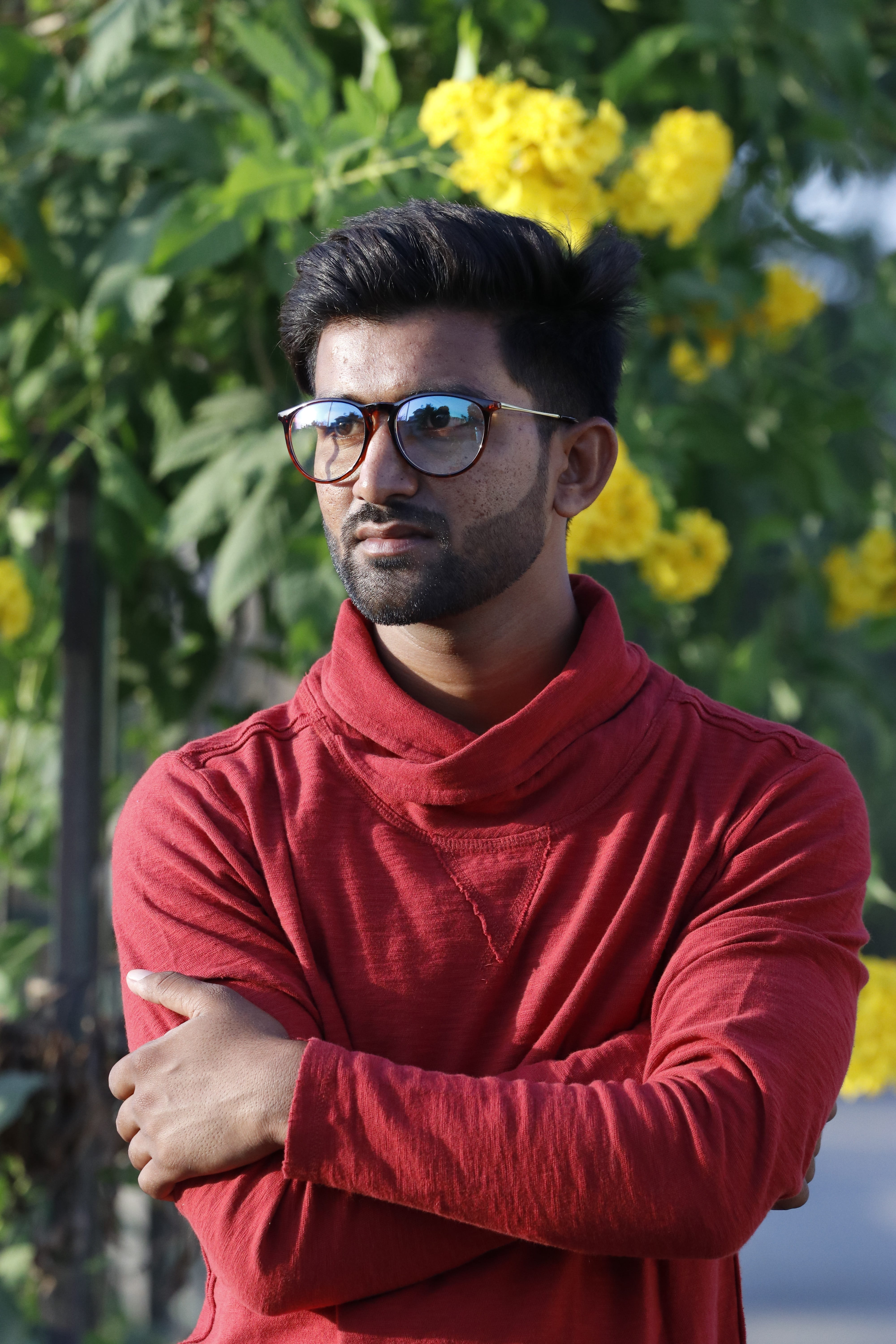 new, plant, man, outdoors, guy, 5K, one, eyes, wearing, haircut, lifestyles, portrait, glamour, hair, looking, eyeglasses, arms crossed, photo, young adult, Phone HD Wallpaper