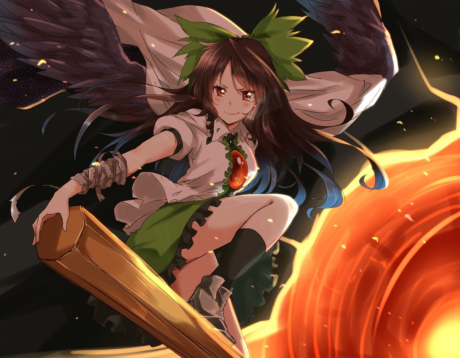 (semicha, socks, long, ksk, keisuke), 720P, utsuho, bandage, reiuji, wings, hair, touhou, brown, skirt, HD Wallpaper