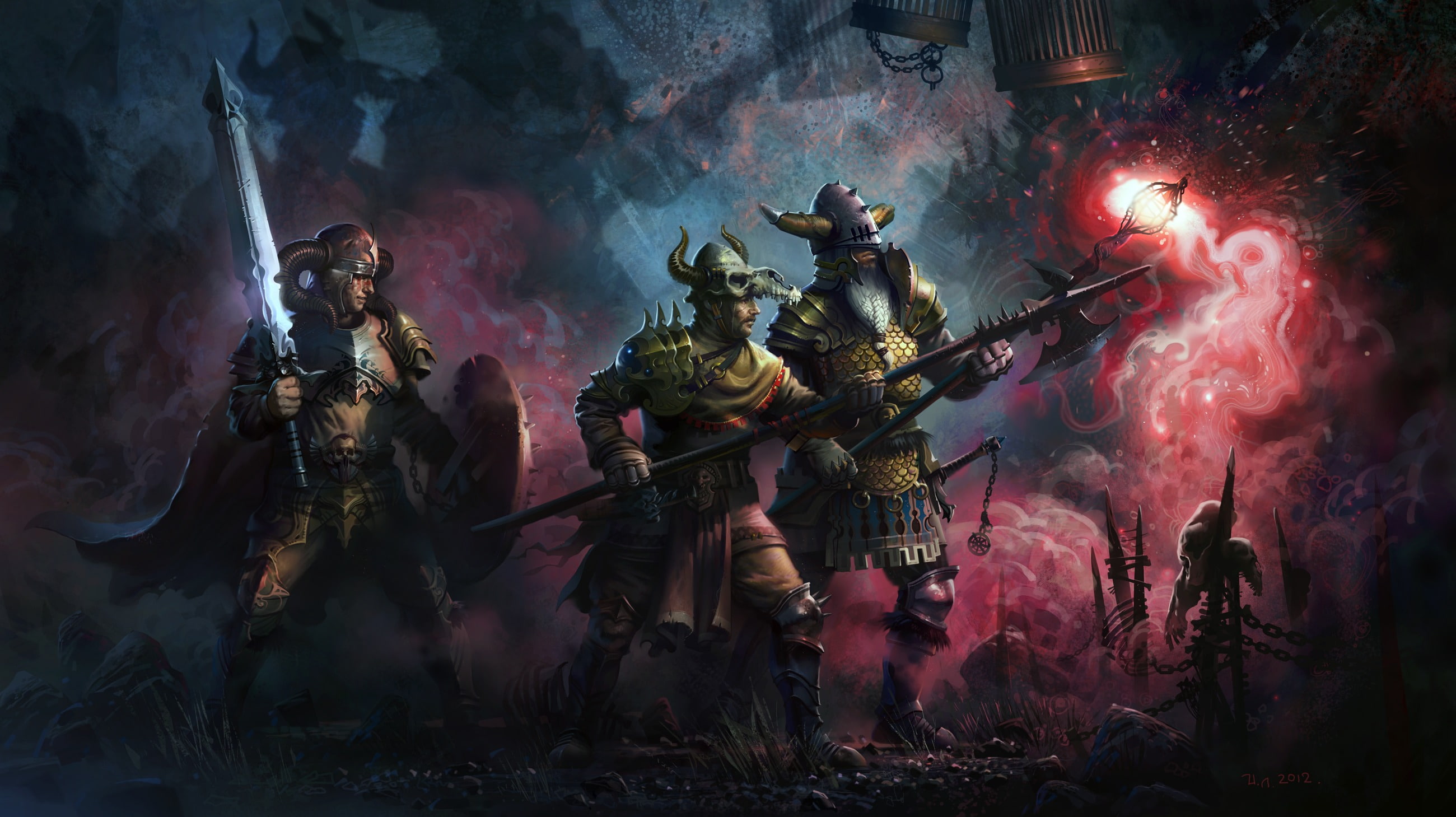 the study, art, cells, war, hike, 2K, skull, halberd, sword, horror, weapons, staff, HD Wallpaper